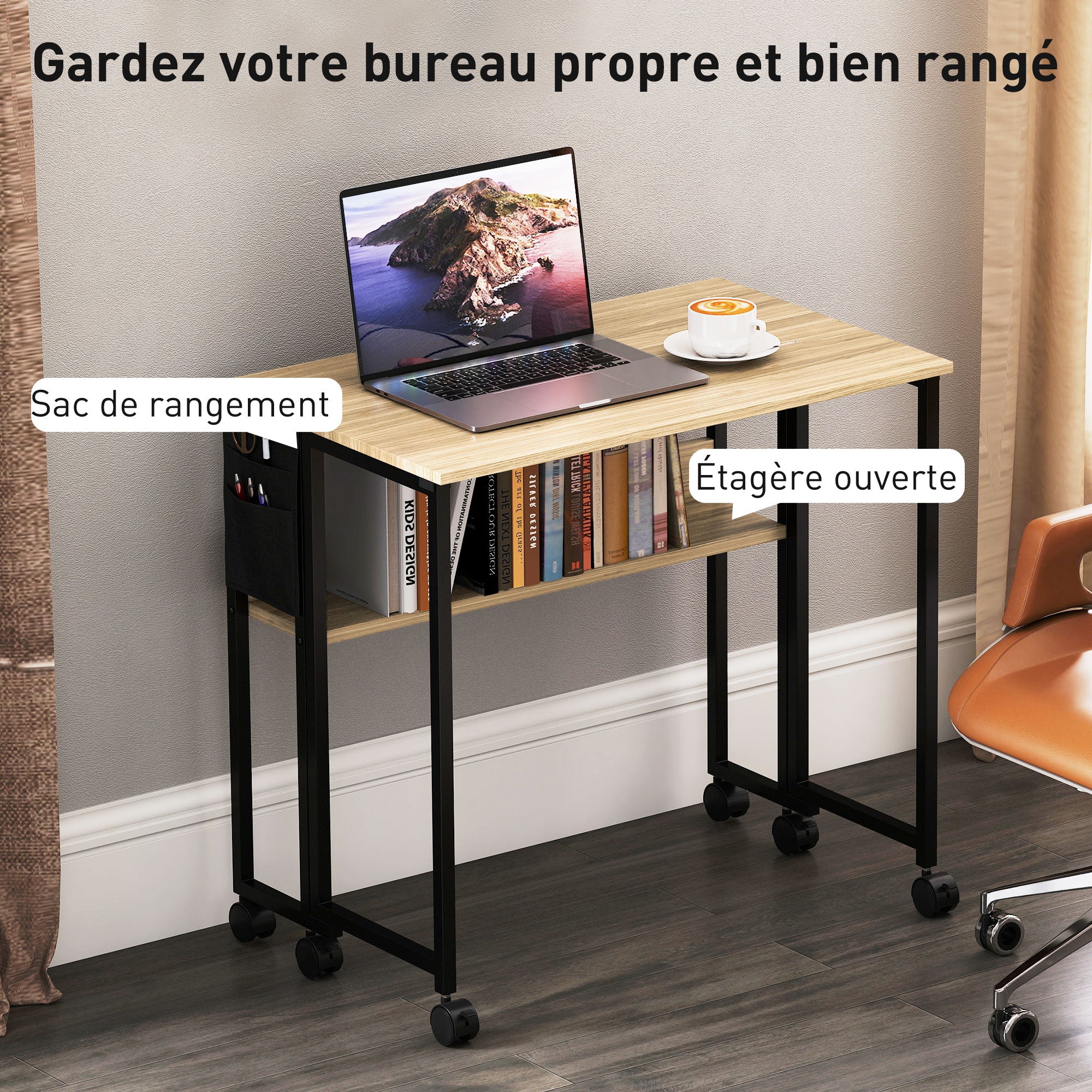 Bureau pliable sur roulettes, table d'ordinateur 80 x 50 cm avec étagère et sac de rangement, table d'étude pour bureau à domicile, chambre, petits espaces, chêne