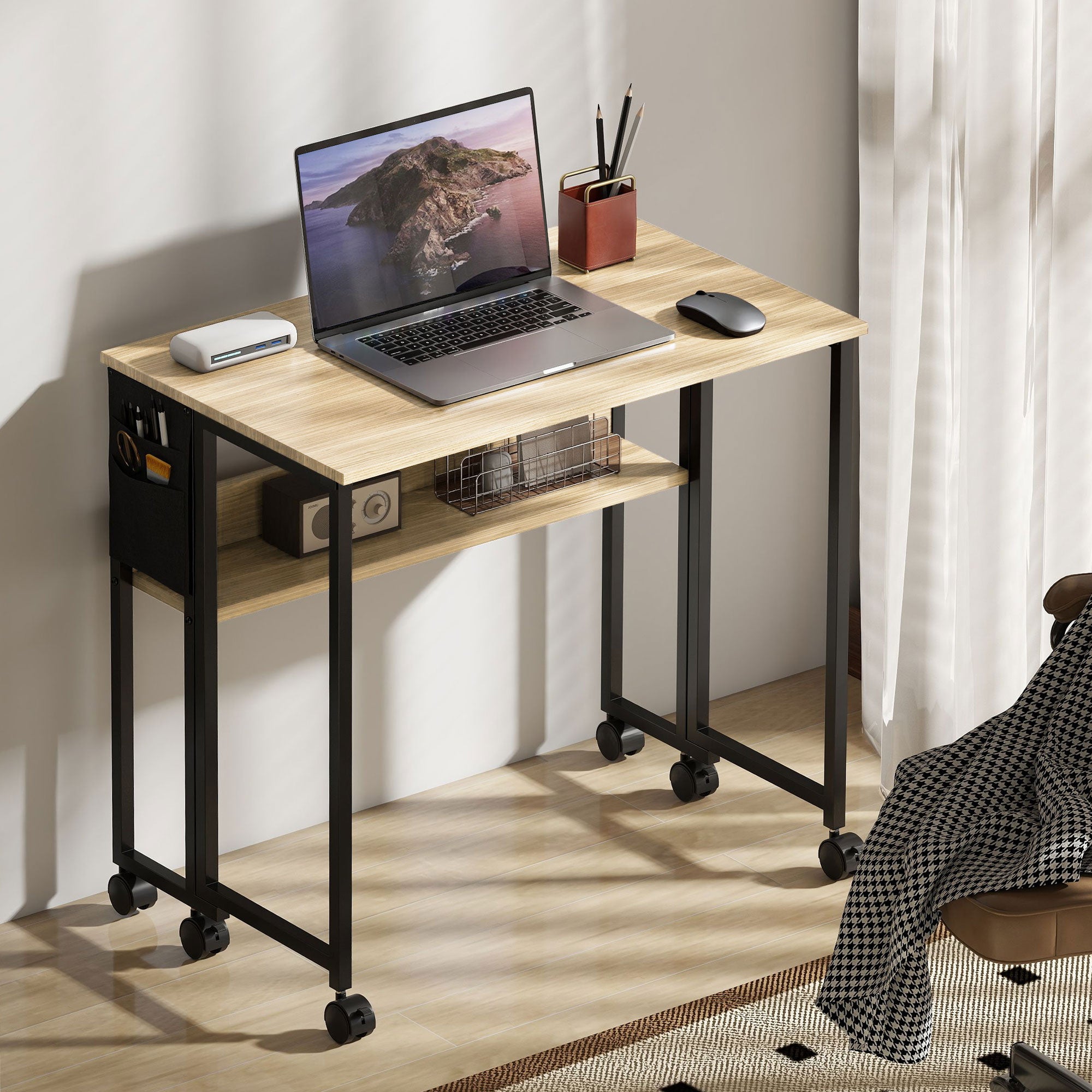 Bureau pliable sur roulettes, table d'ordinateur 80 x 50 cm avec étagère et sac de rangement, table d'étude pour bureau à domicile, chambre, petits espaces, chêne
