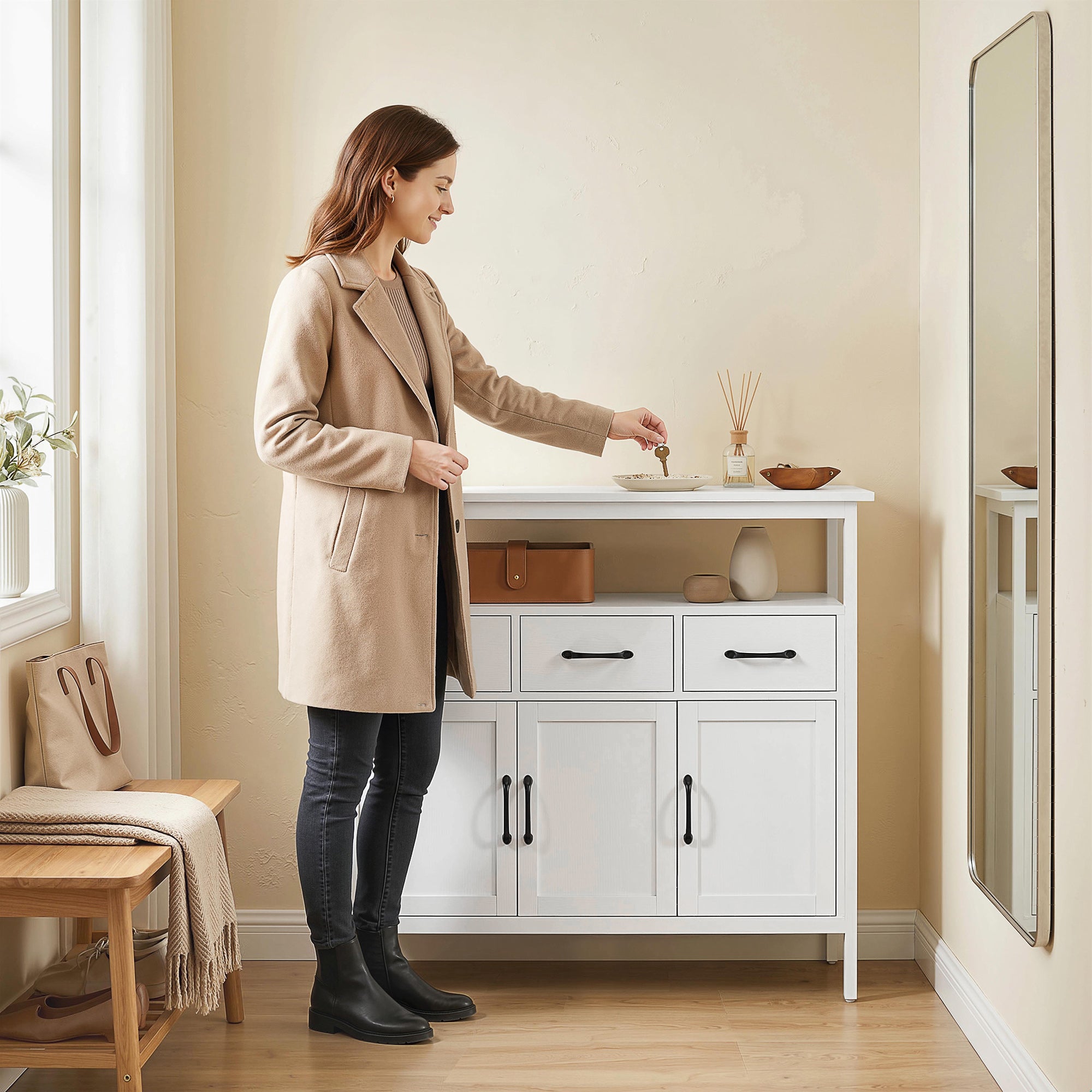 Buffet Cuisine, Meuble de Rangement avec 3 Portes, 3 Tiroirs, Compartiment Ouvert et Étagères Réglables, Style Moderne, pour Salon et Chambre, 95 x 35 x 88 cm, Blanc