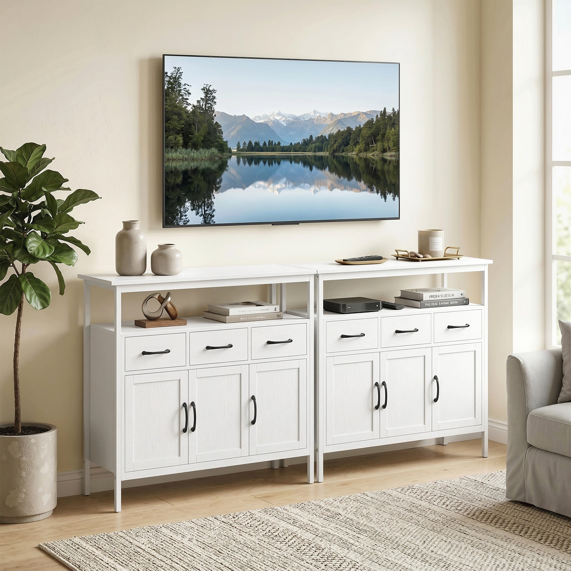 Buffet Cuisine, Meuble de Rangement avec 3 Portes, 3 Tiroirs, Compartiment Ouvert et Étagères Réglables, Style Moderne, pour Salon et Chambre, 95 x 35 x 88 cm, Blanc