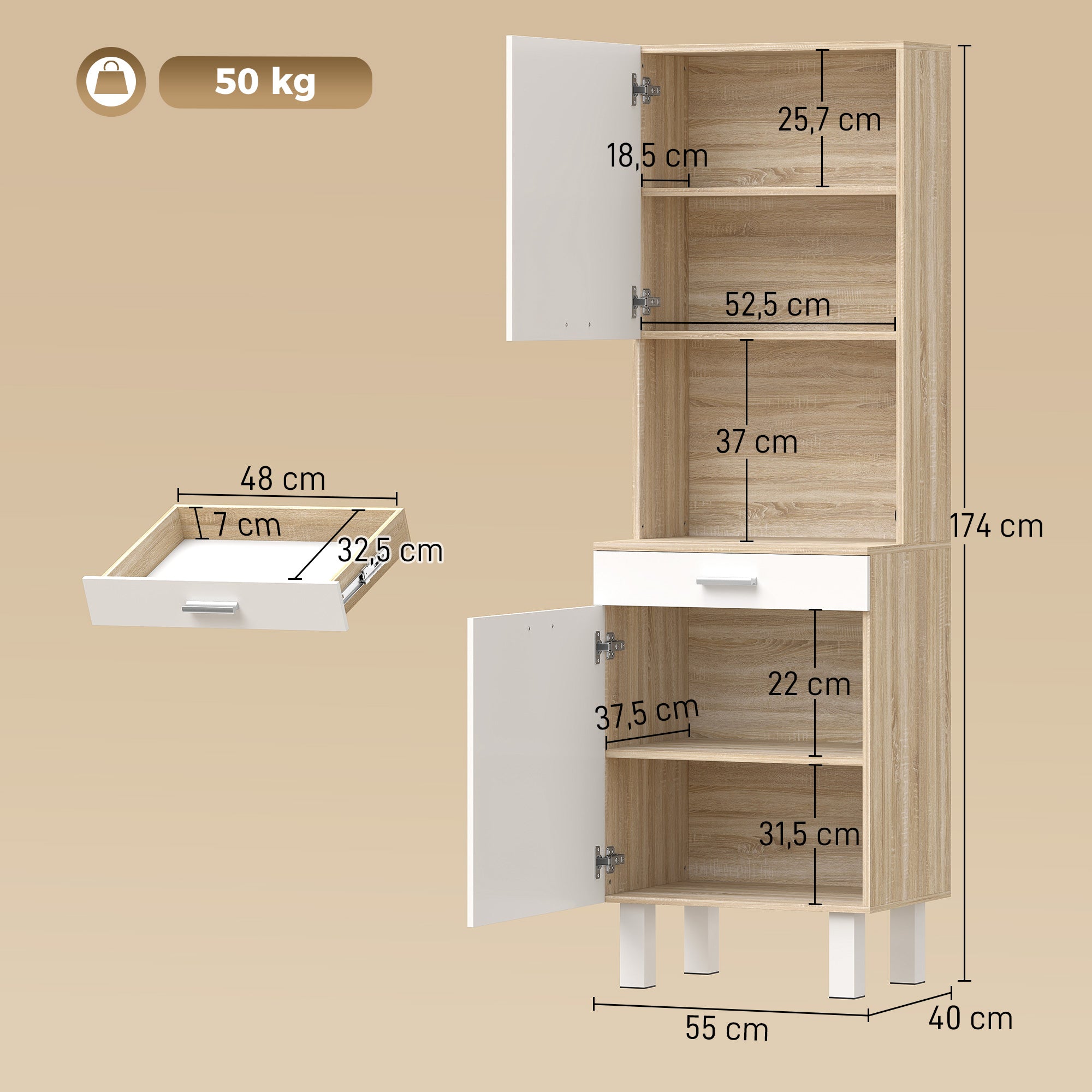 Buffet haut cuisine, armoire de cuisine, vaisselier avec 2 portes, tiroir et plan de travail, style moderne, meuble de rangement pour salon, salle à manger, 55x40x174 cm, blanc et bois naturel