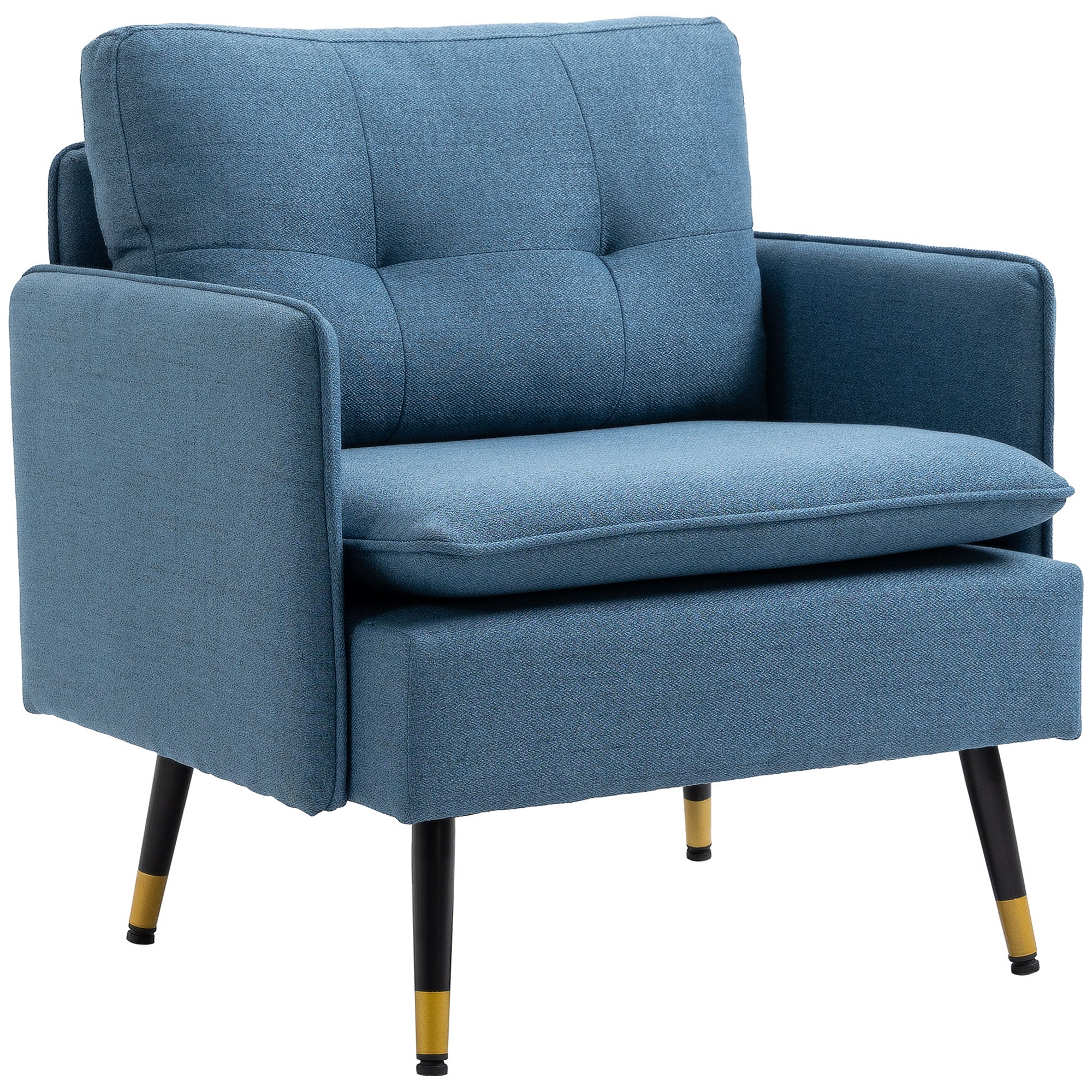 Fauteuil scandinave dossier capitonné avec passepoil en tissu 76 x 68 x 80 cm - bleu et pieds en métal noir et doré