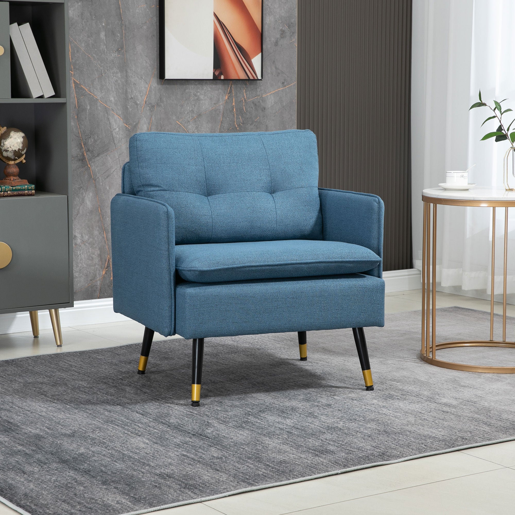 Fauteuil scandinave dossier capitonné avec passepoil en tissu 76 x 68 x 80 cm - bleu et pieds en métal noir et doré