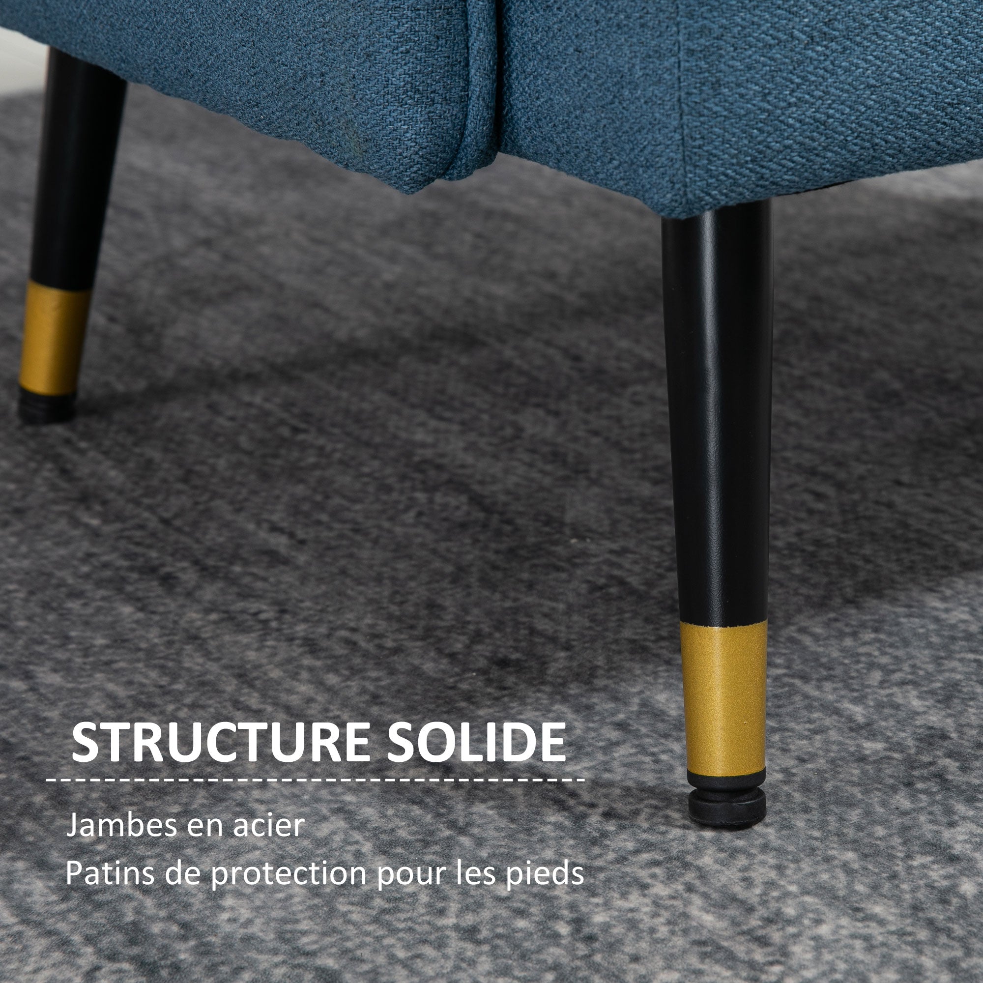 Fauteuil scandinave dossier capitonné avec passepoil en tissu 76 x 68 x 80 cm - bleu et pieds en métal noir et doré