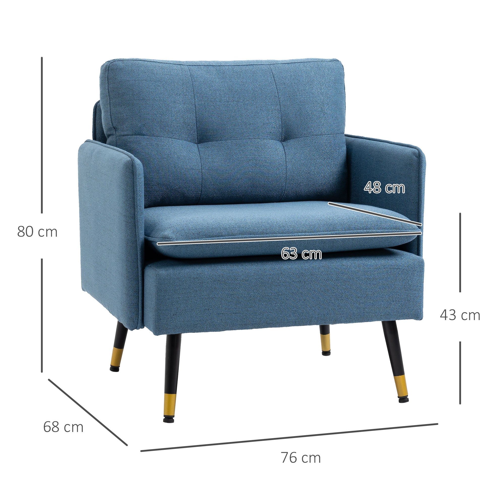 Fauteuil scandinave dossier capitonné avec passepoil en tissu 76 x 68 x 80 cm - bleu et pieds en métal noir et doré