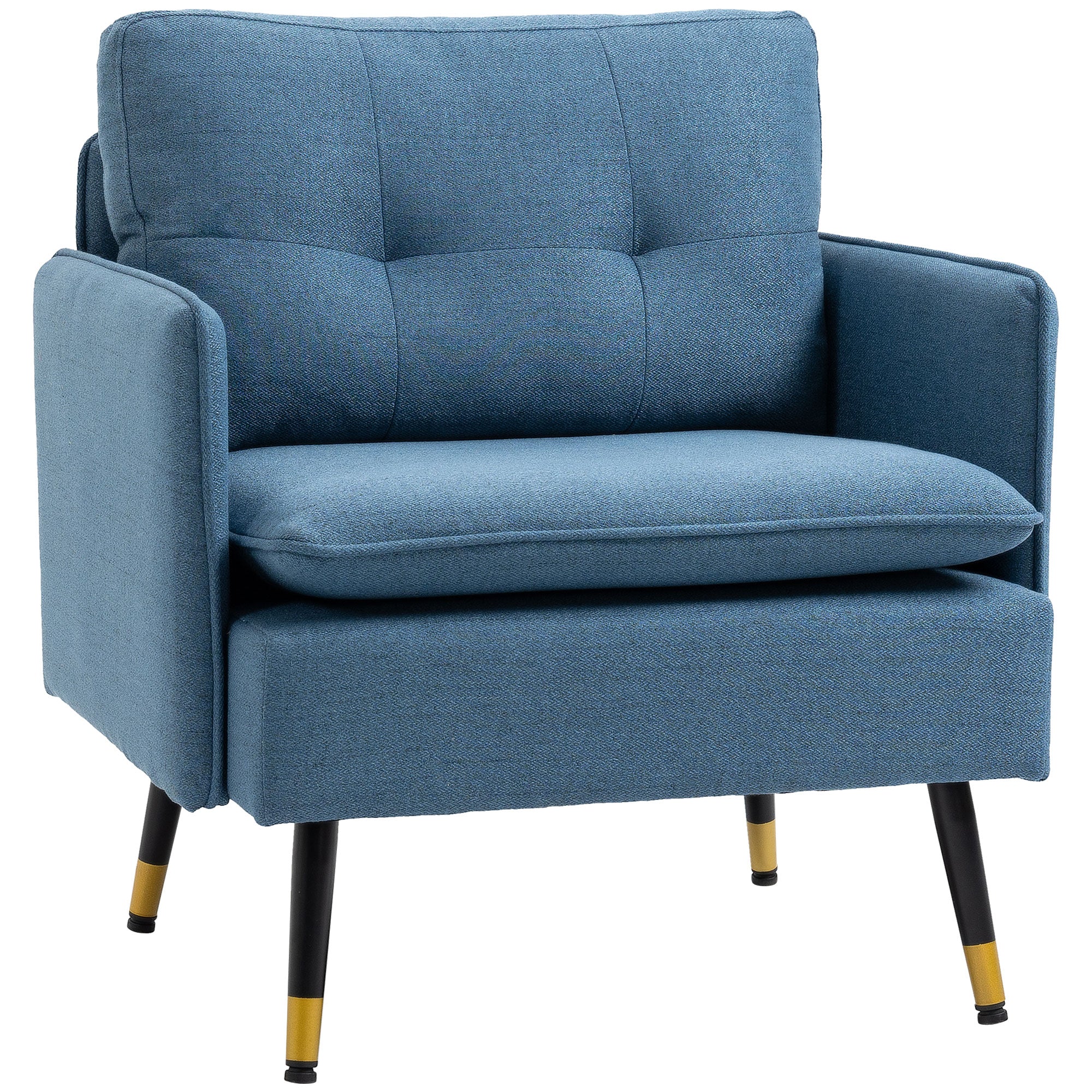 Fauteuil scandinave dossier capitonné avec passepoil en tissu 76 x 68 x 80 cm - bleu et pieds en métal noir et doré