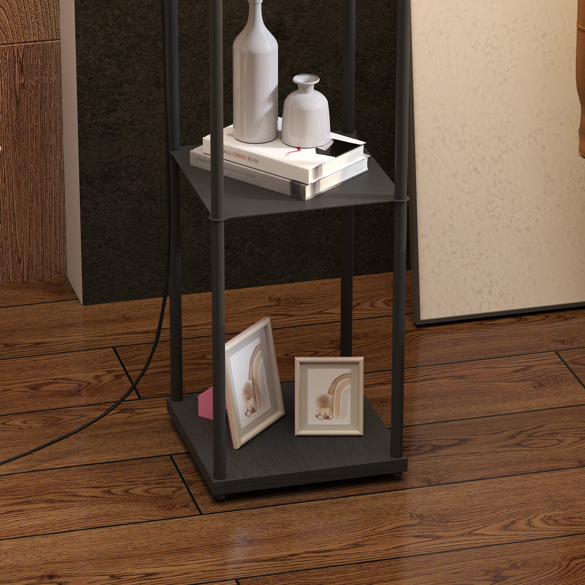 Lampadaire sur pied salon, lampe salon moderne, lampadaire avec étagères, abat-jour en tissu, interrupteur à chaînette pour chambre à coucher, bureau, ampoule non incluse, noir