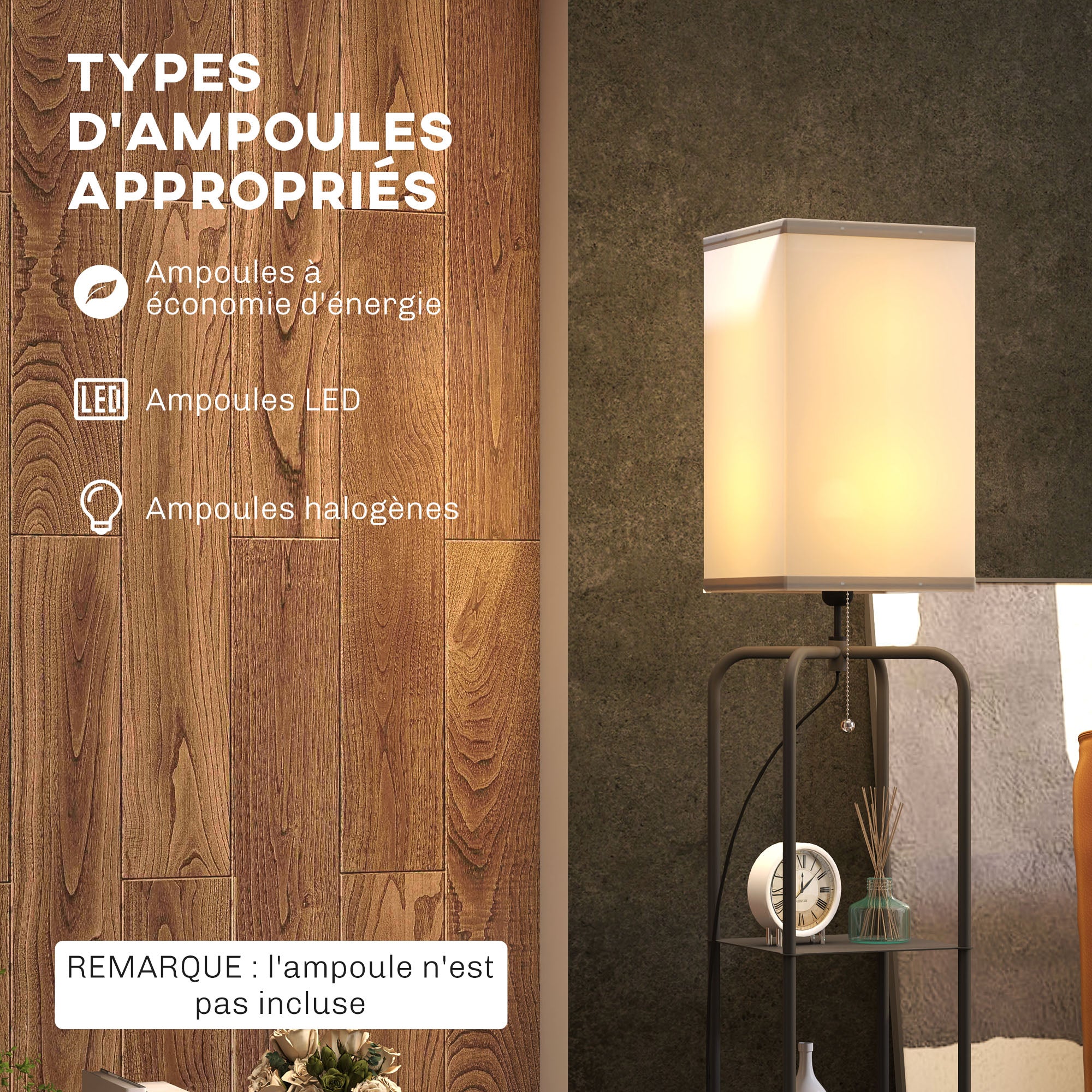 Lampadaire sur pied salon, lampe salon moderne, lampadaire avec étagères, abat-jour en tissu, interrupteur à chaînette pour chambre à coucher, bureau, ampoule non incluse, noir