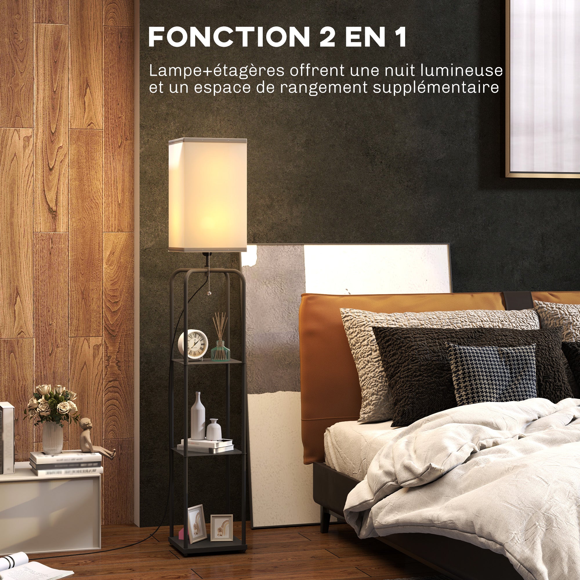 Lampadaire sur pied salon, lampe salon moderne, lampadaire avec étagères, abat-jour en tissu, interrupteur à chaînette pour chambre à coucher, bureau, ampoule non incluse, noir