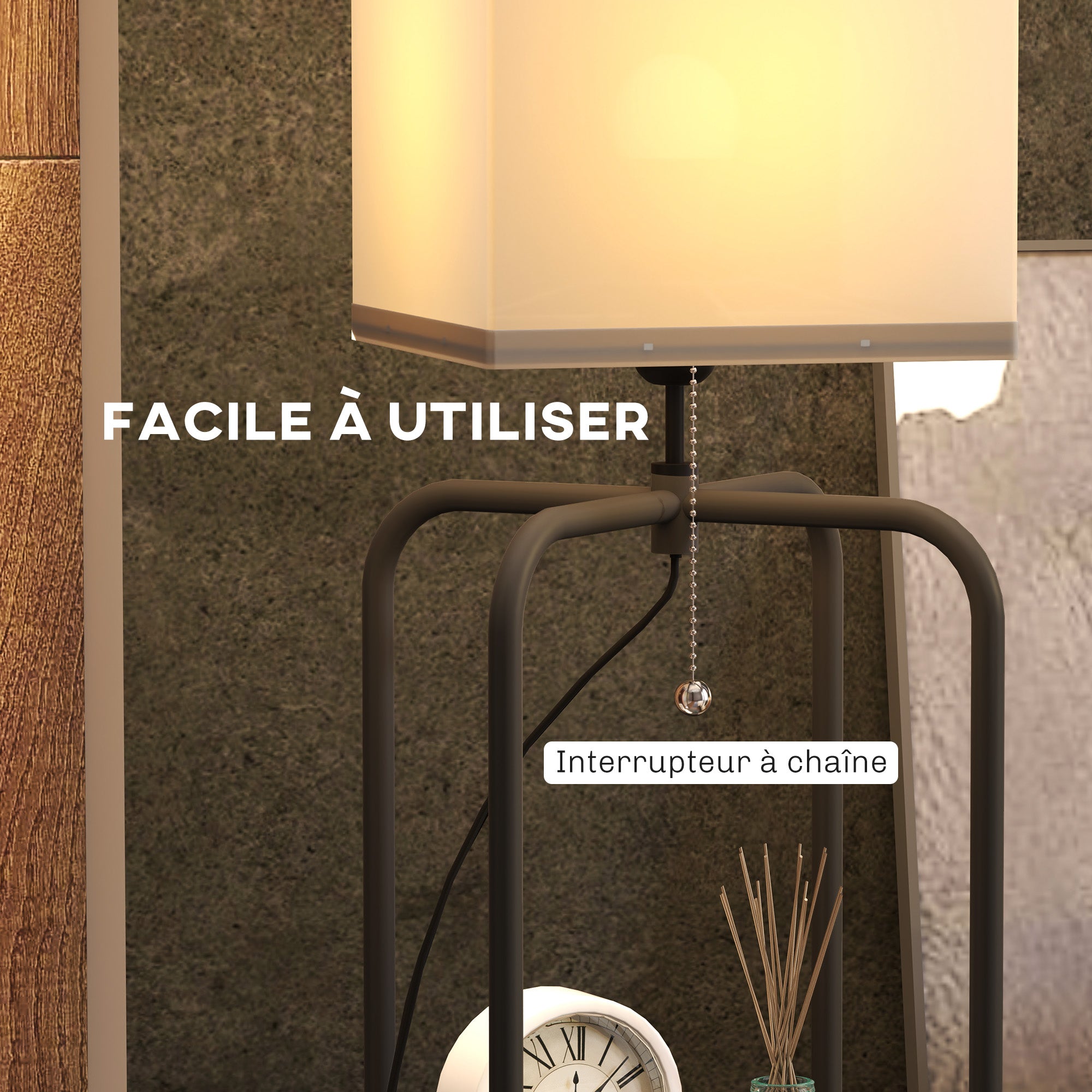 Lampadaire sur pied salon, lampe salon moderne, lampadaire avec étagères, abat-jour en tissu, interrupteur à chaînette pour chambre à coucher, bureau, ampoule non incluse, noir