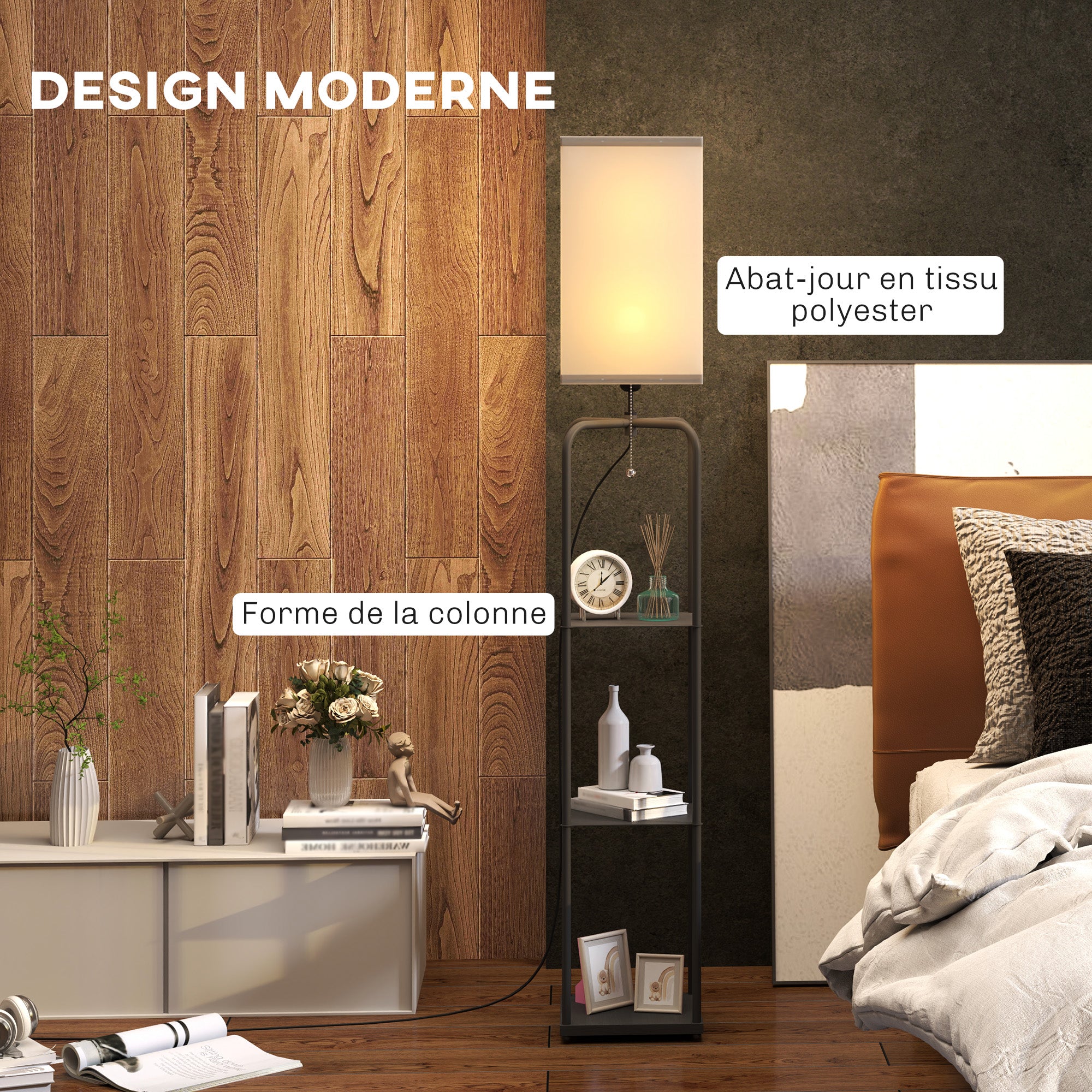 Lampadaire sur pied salon, lampe salon moderne, lampadaire avec étagères, abat-jour en tissu, interrupteur à chaînette pour chambre à coucher, bureau, ampoule non incluse, noir