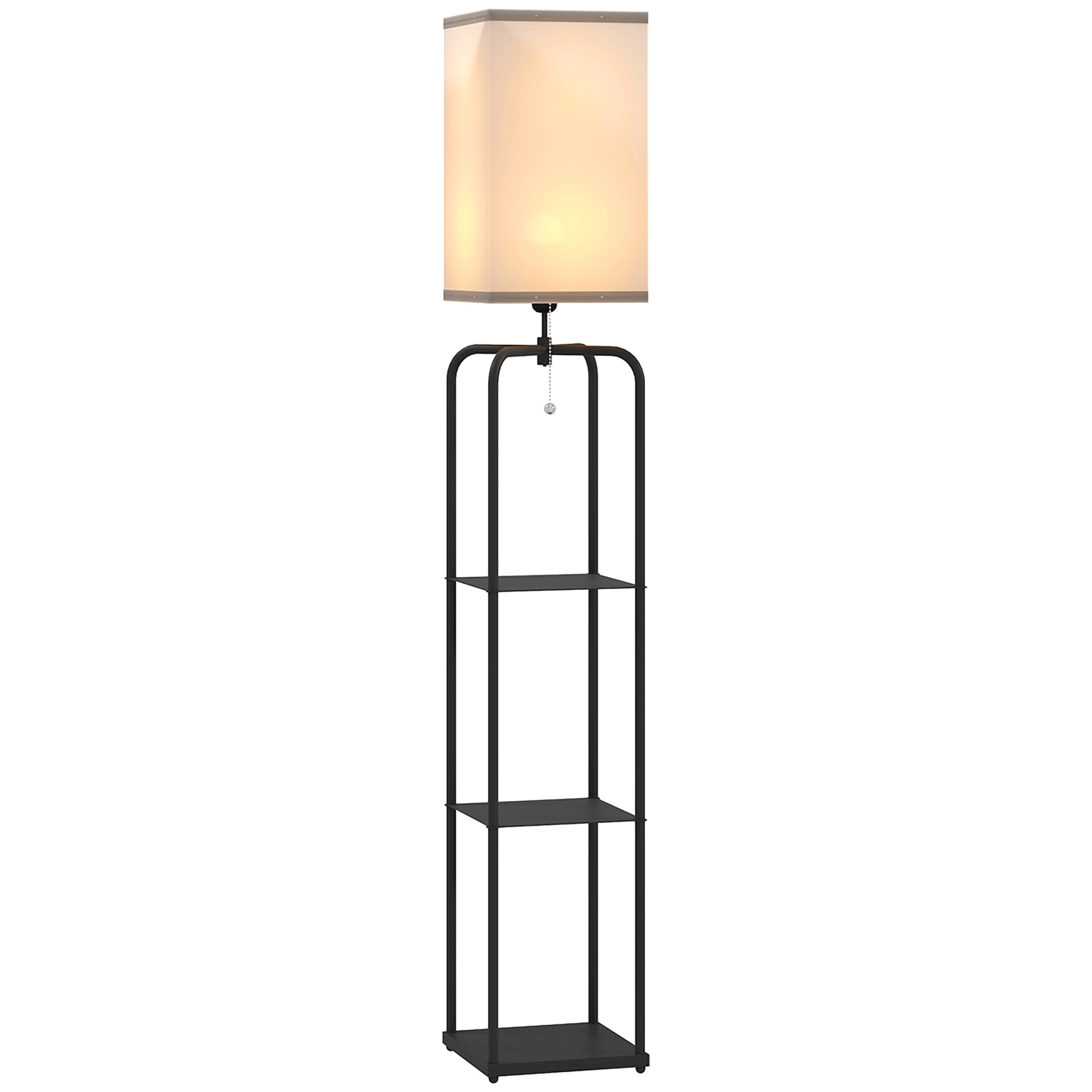 Lampadaire sur pied salon, lampe salon moderne, lampadaire avec étagères, abat-jour en tissu, interrupteur à chaînette pour chambre à coucher, bureau, ampoule non incluse, noir