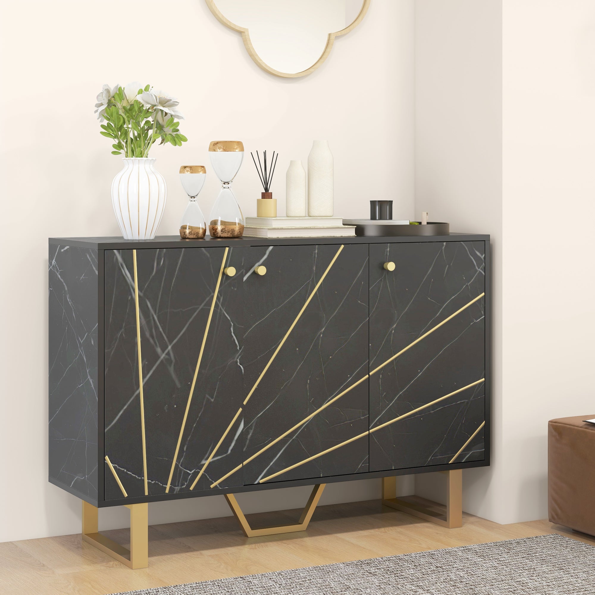 Meuble de rangement buffet salon avec 2 placards 3 portes et étagère réglable, pieds en métal - dim. 107L x 35l x 75H cm, aspect marbre noir