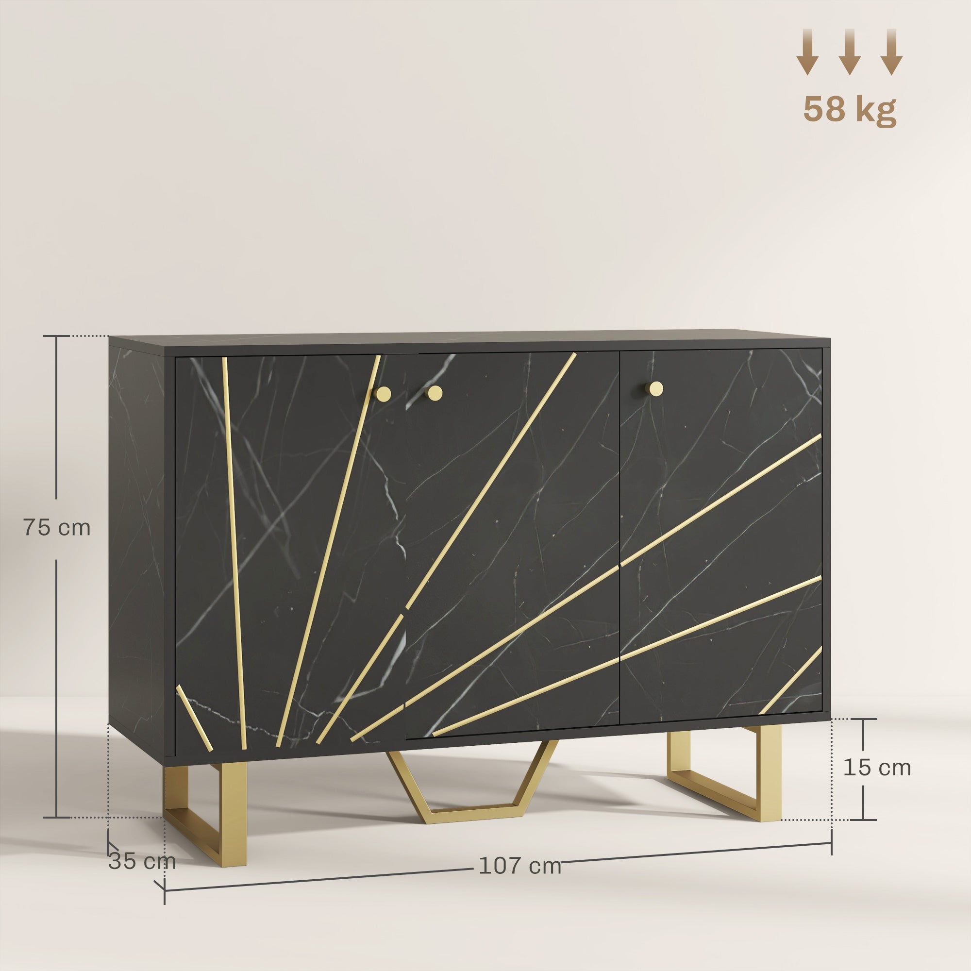 Meuble de rangement buffet salon avec 2 placards 3 portes et étagère réglable, pieds en métal - dim. 107L x 35l x 75H cm, aspect marbre noir