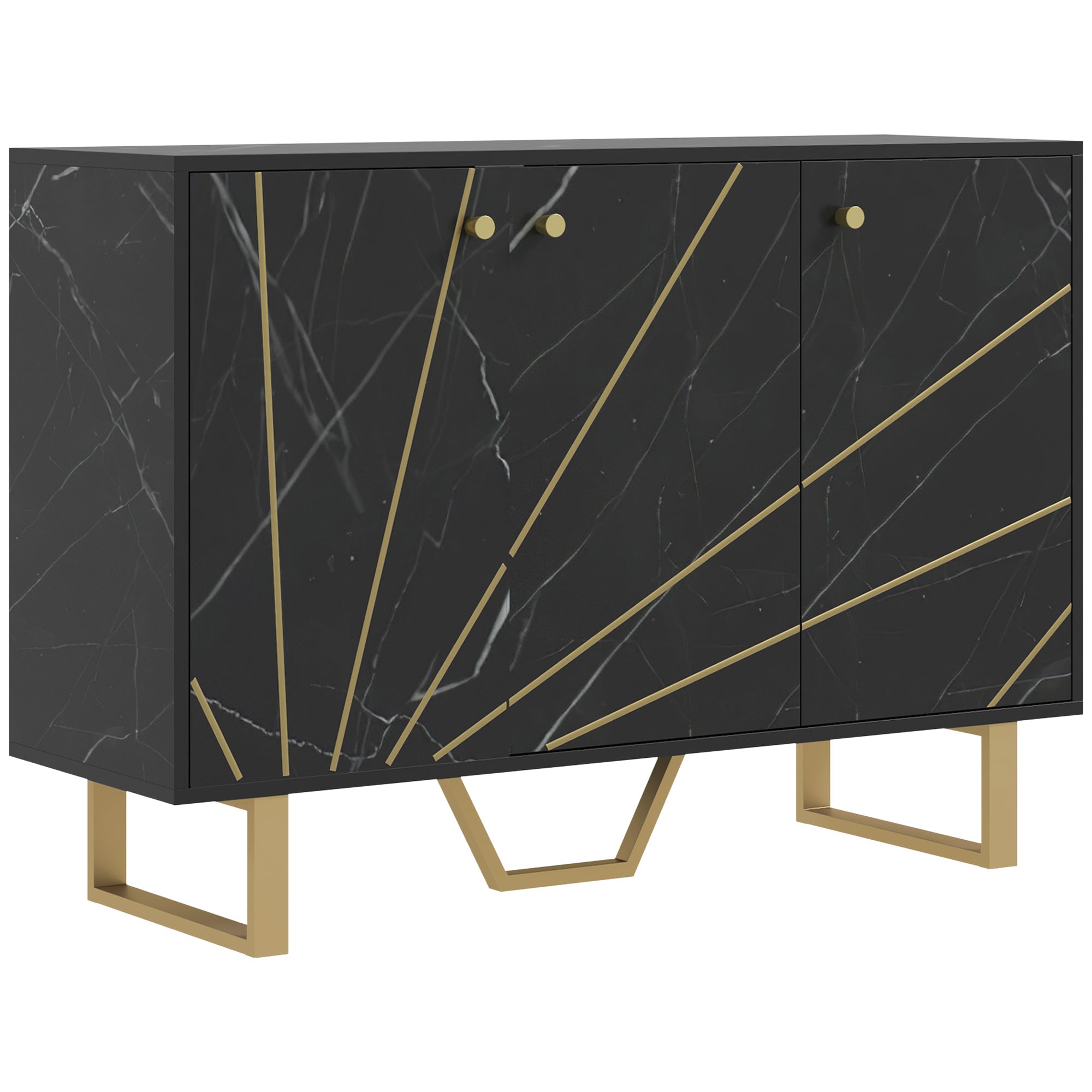 Meuble de rangement buffet salon avec 2 placards 3 portes et étagère réglable, pieds en métal - dim. 107L x 35l x 75H cm, aspect marbre noir