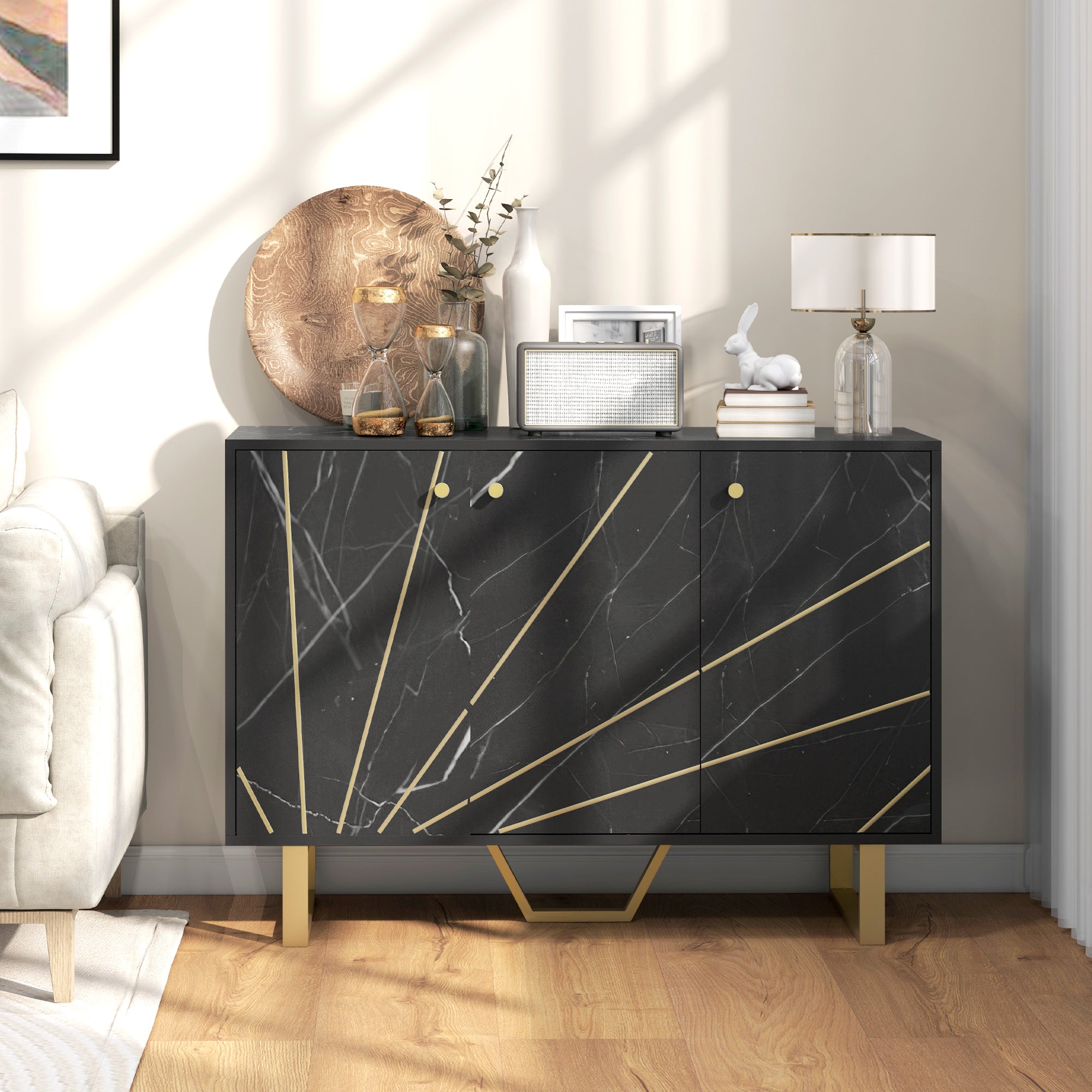Meuble de rangement buffet salon avec 2 placards 3 portes et étagère réglable, pieds en métal - dim. 107L x 35l x 75H cm, aspect marbre noir