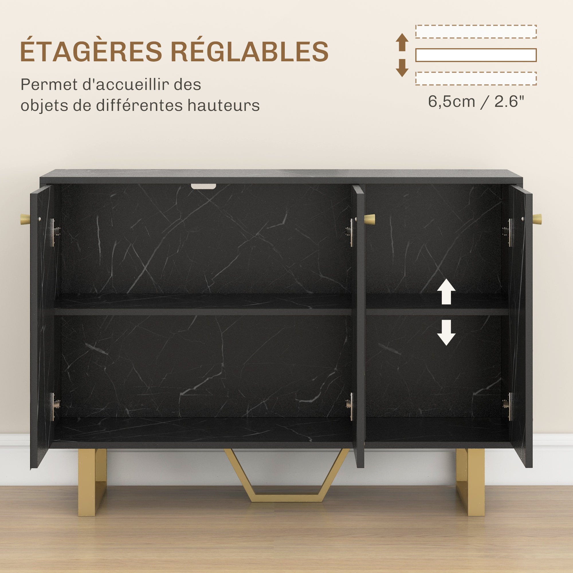 Meuble de rangement buffet salon avec 2 placards 3 portes et étagère réglable, pieds en métal - dim. 107L x 35l x 75H cm, aspect marbre noir