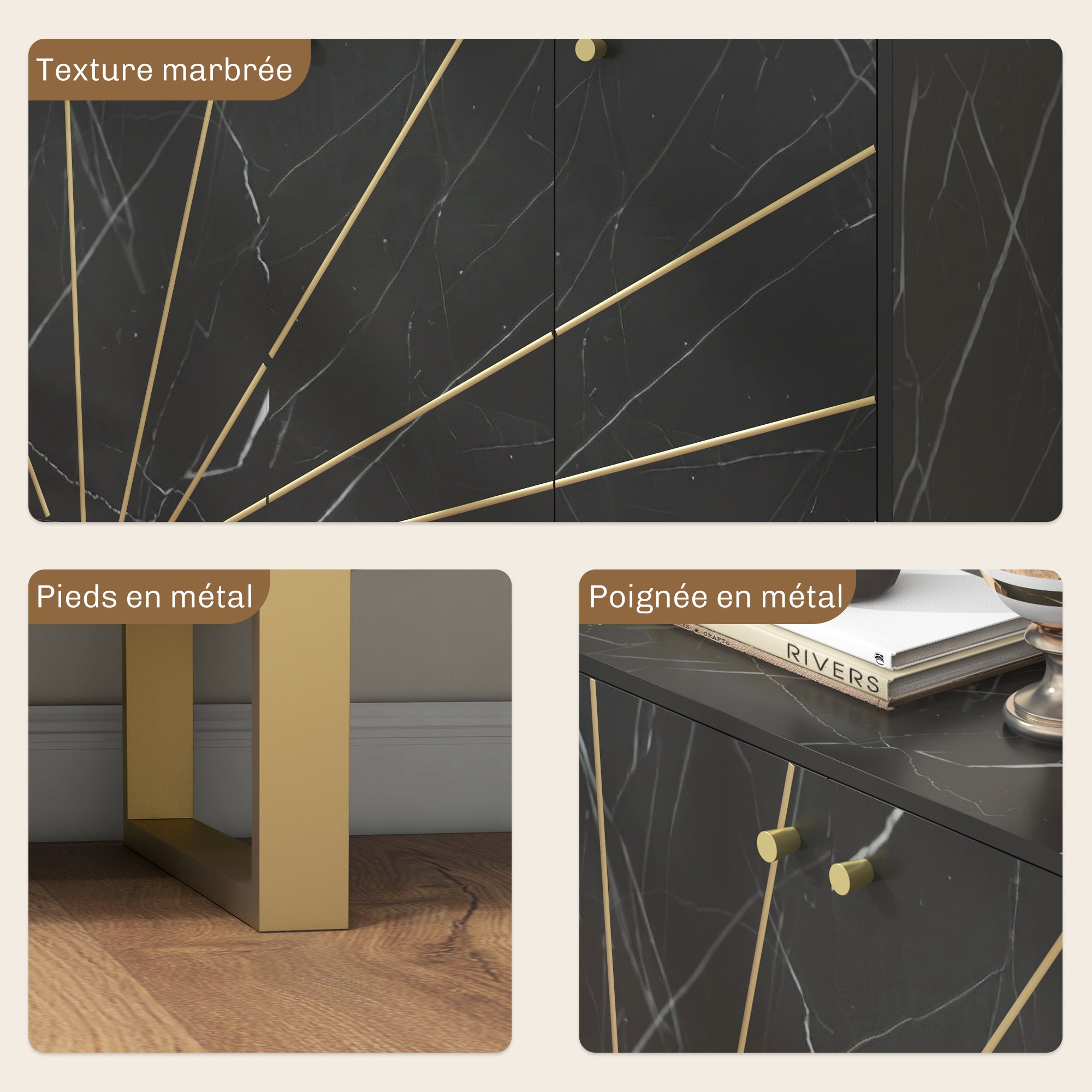 Meuble de rangement buffet salon avec 2 placards 3 portes et étagère réglable, pieds en métal - dim. 107L x 35l x 75H cm, aspect marbre noir