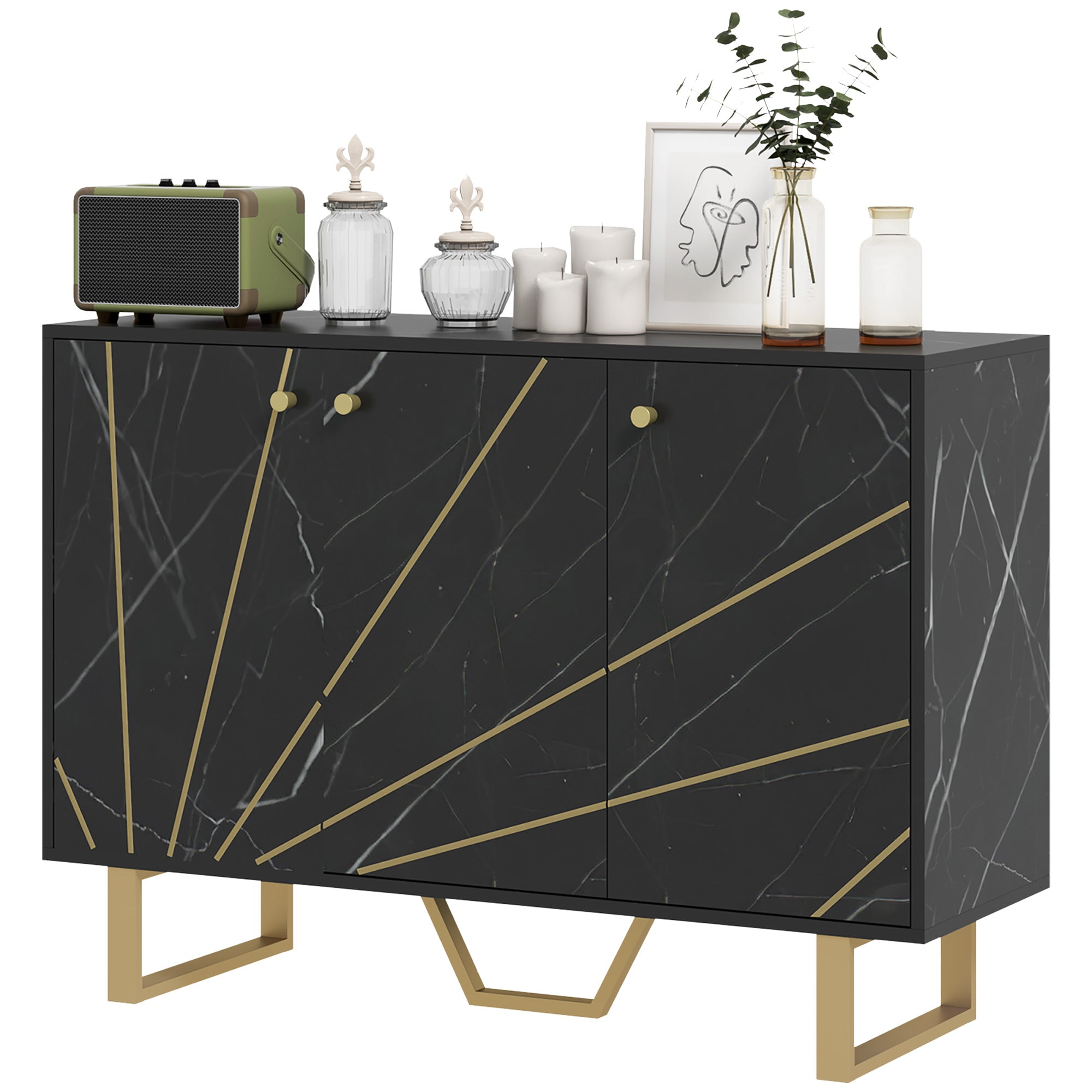 Meuble de rangement buffet salon avec 2 placards 3 portes et étagère réglable, pieds en métal - dim. 107L x 35l x 75H cm, aspect marbre noir