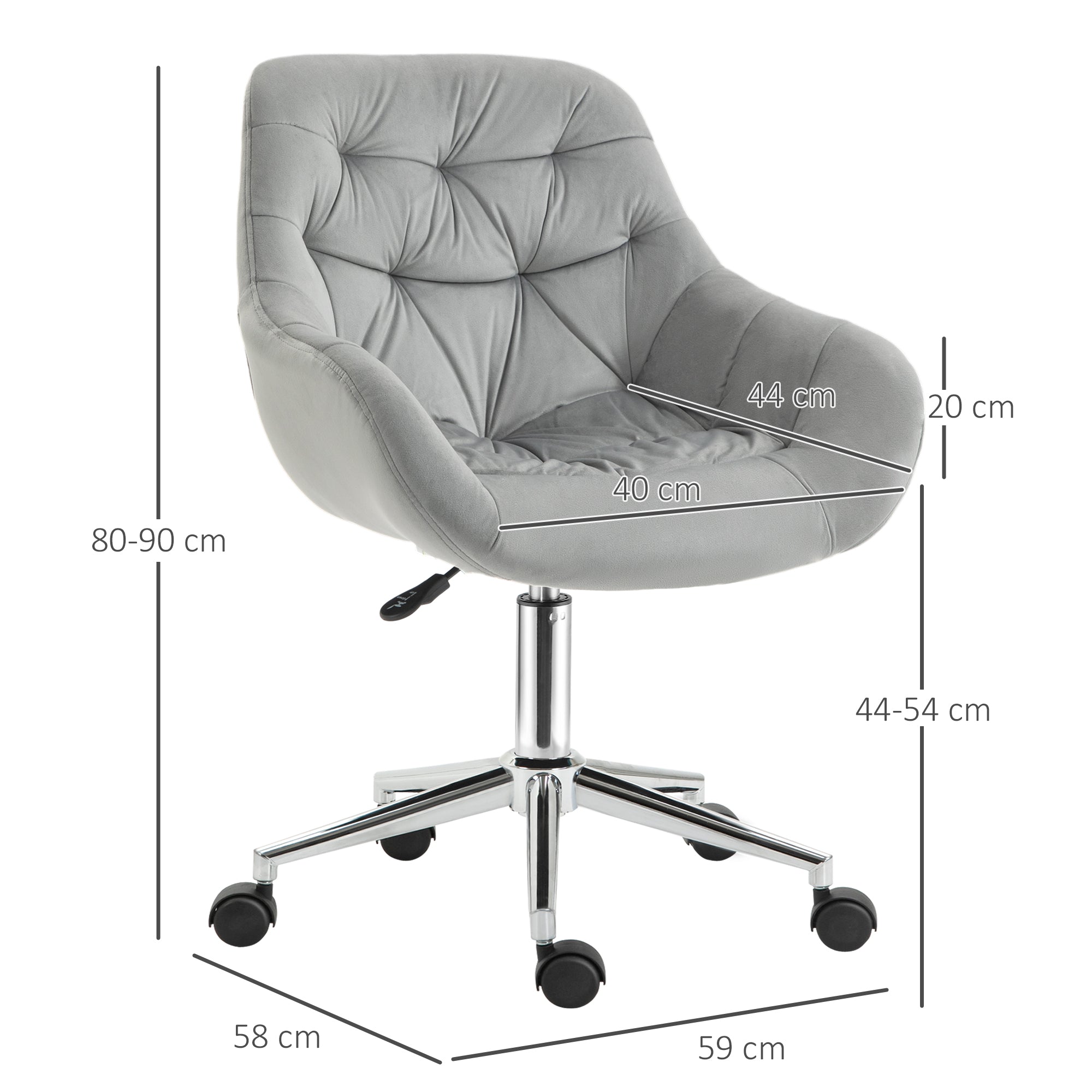 Chaise de bureau design contemporain pivotante 360° ergonomique hauteur réglable revêtement capitonné velours grand confort 59 x 58 x 90 cm gris