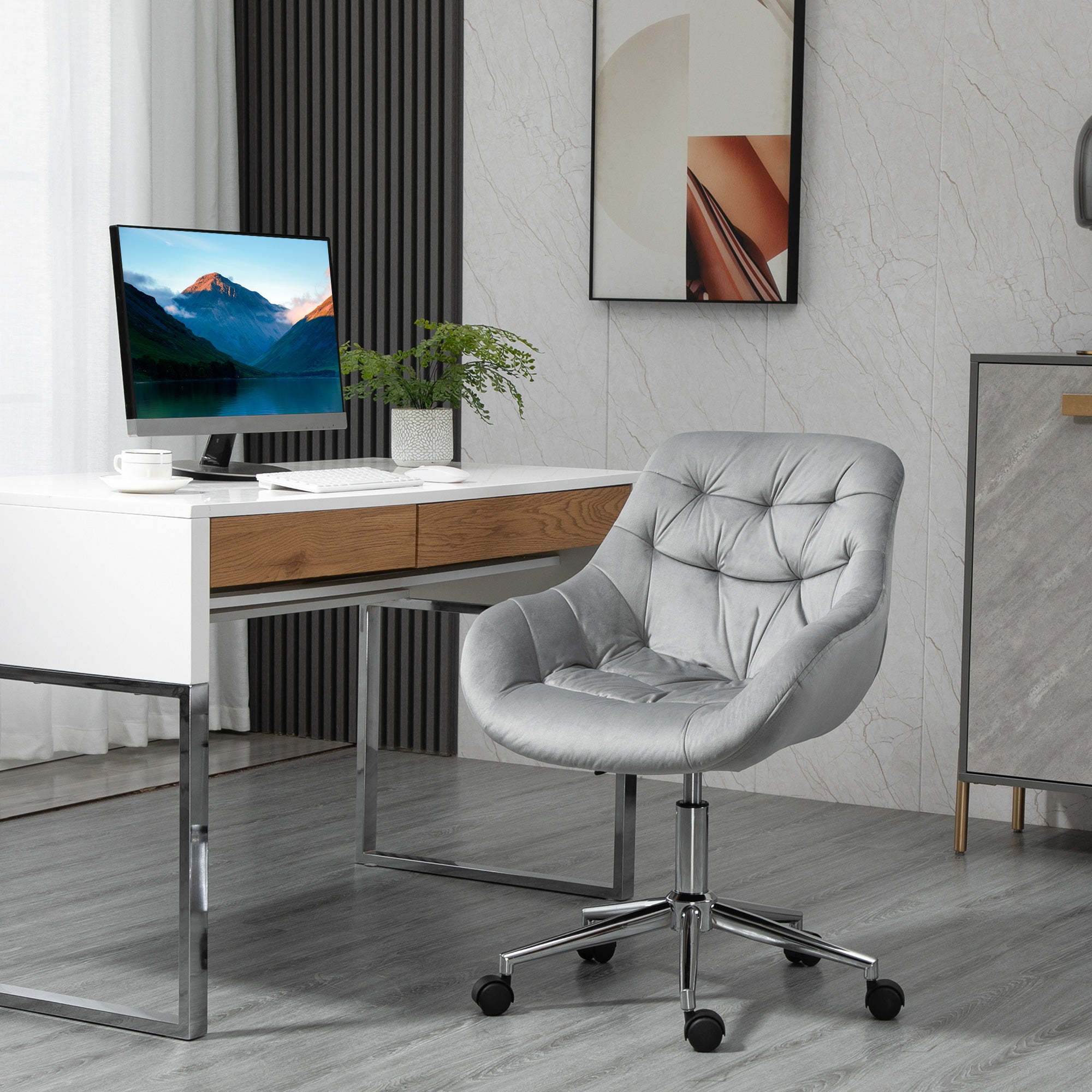 Chaise de bureau design contemporain pivotante 360° ergonomique hauteur réglable revêtement capitonné velours grand confort 59 x 58 x 90 cm gris