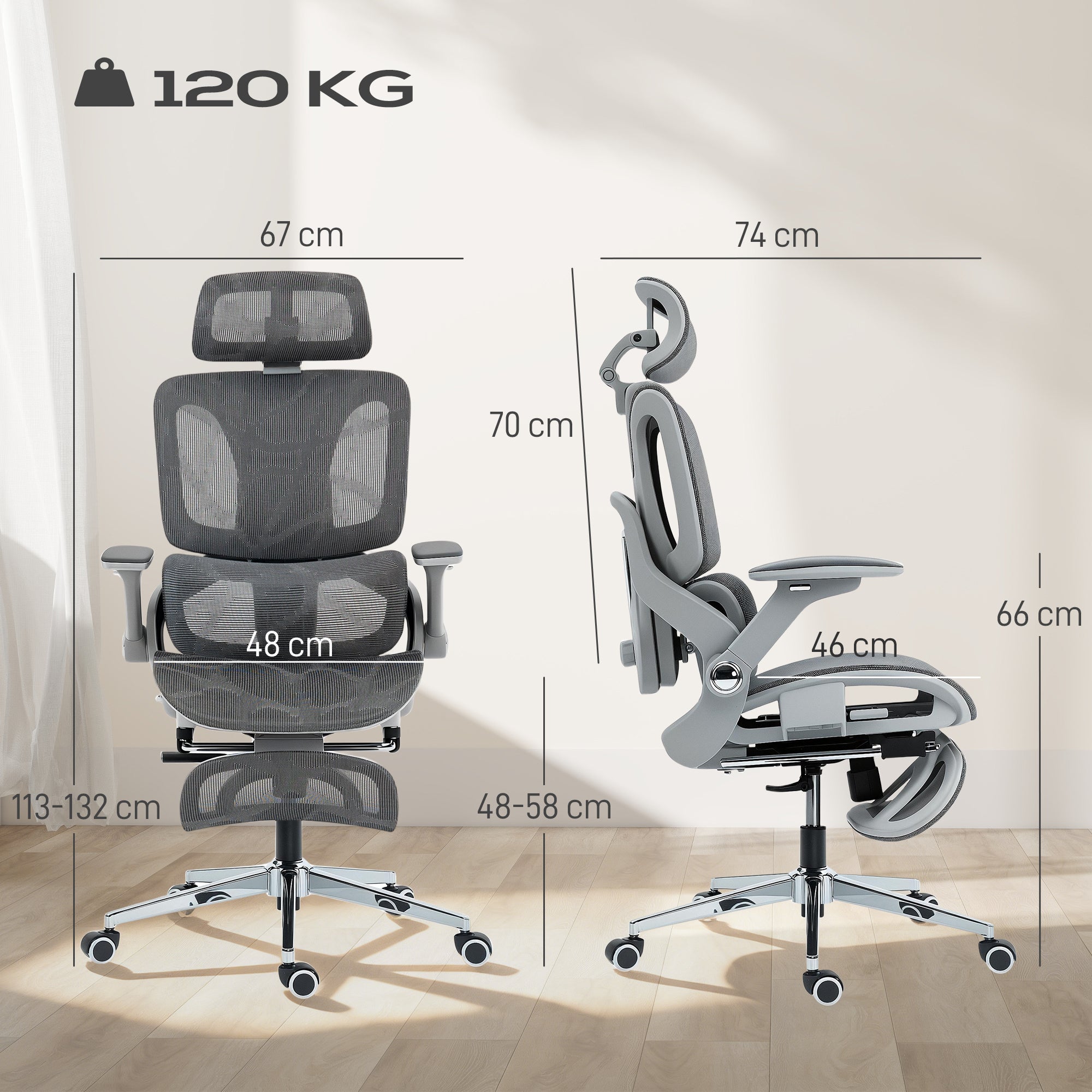 Chaise Bureau Ergonomique avec Accoudoirs 4D Appui-Tête et Profondeur d'Assise Réglables Fauteuil de Bureau en Maille Inclinable Hauteur Réglable Soutien Lombaire Adjustable Repose-Pieds Gris