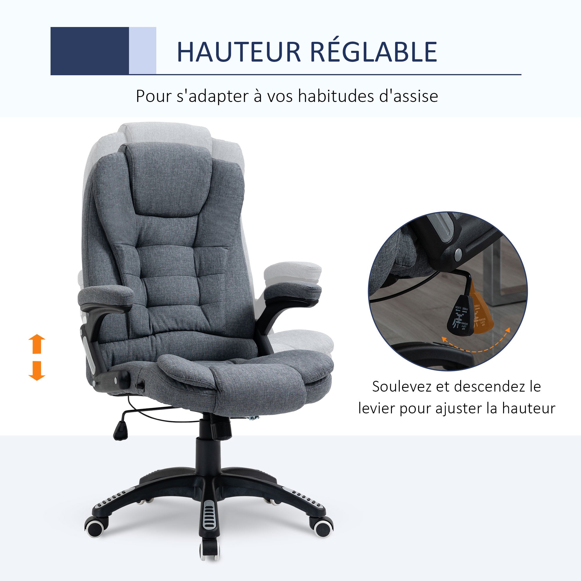 Fauteuil de bureau chaise pour ordinateur ergonomique dossier inclinable assise pivotant hauteur réglable accoudoir rembourré gris
