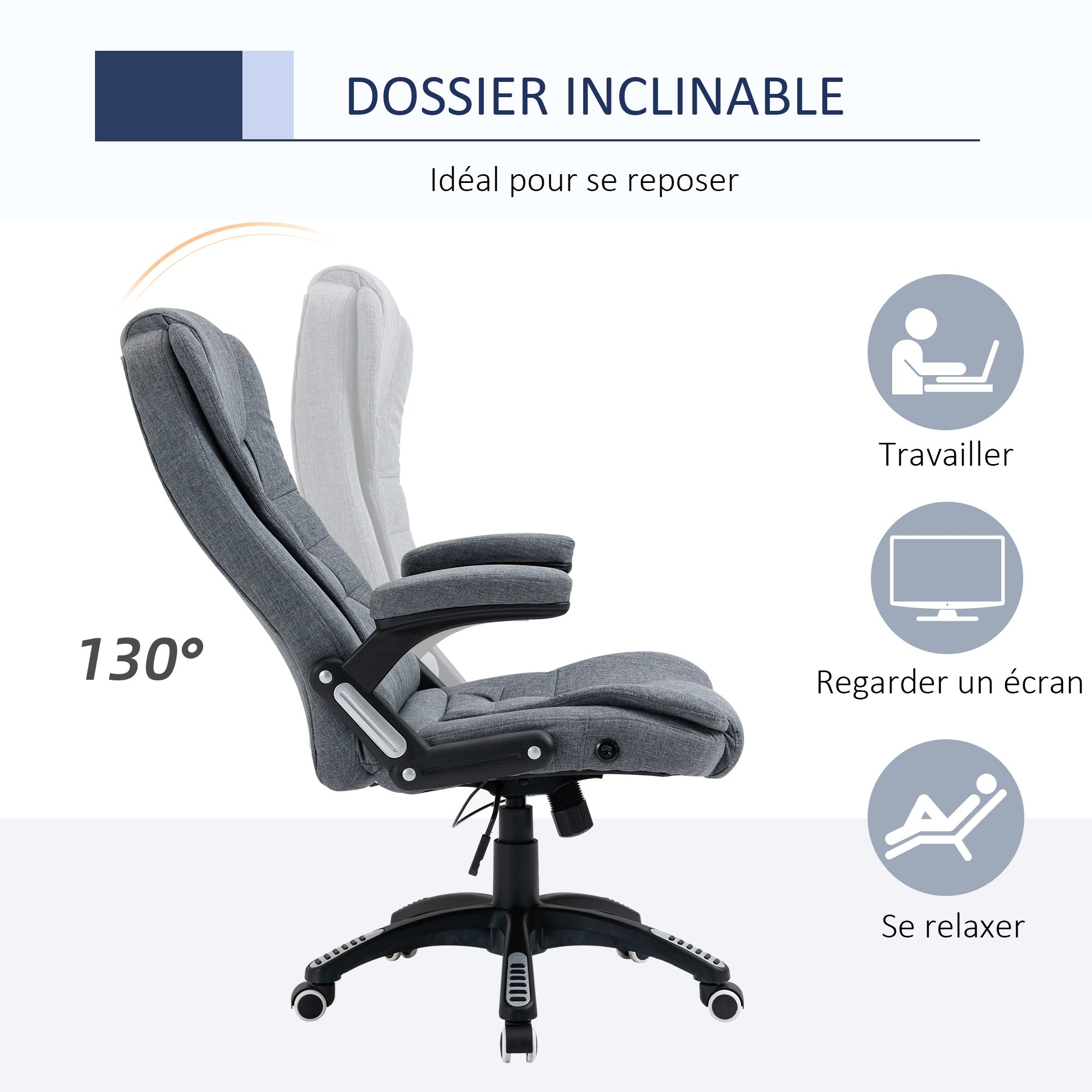 Fauteuil de bureau chaise pour ordinateur ergonomique dossier inclinable assise pivotant hauteur réglable accoudoir rembourré gris