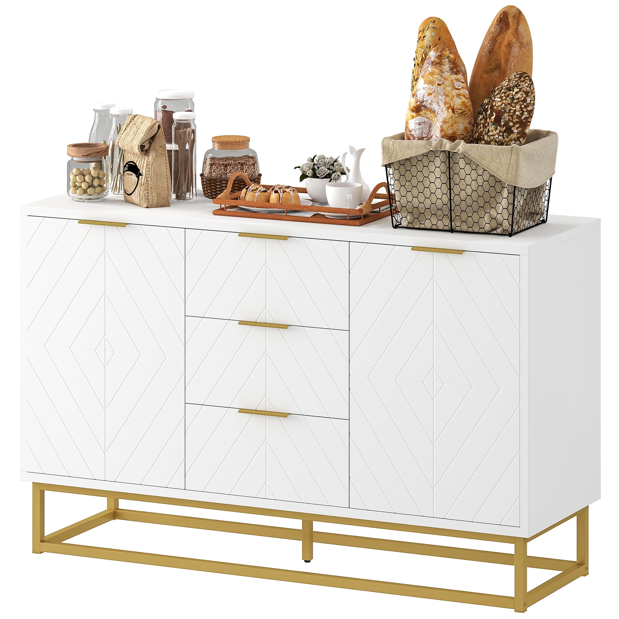 Buffet, meuble cuisine rangement, design contemporain graphique, 2 placards porte, étagères réglables, 3 tiroirs coulissants, bois blanc métal doré, 120 x 40 x 76 cm