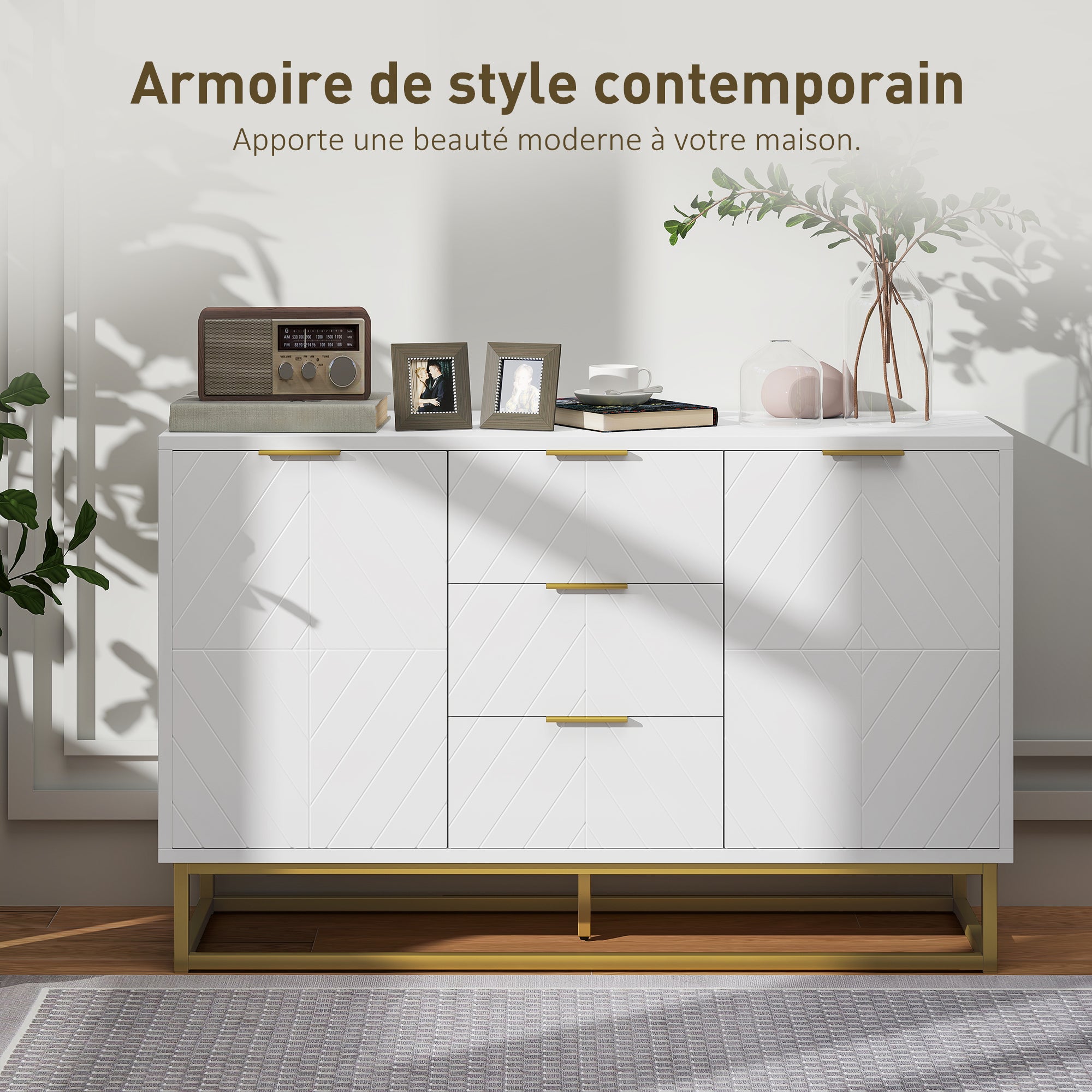 Buffet, meuble cuisine rangement, design contemporain graphique, 2 placards porte, étagères réglables, 3 tiroirs coulissants, bois blanc métal doré, 120 x 40 x 76 cm