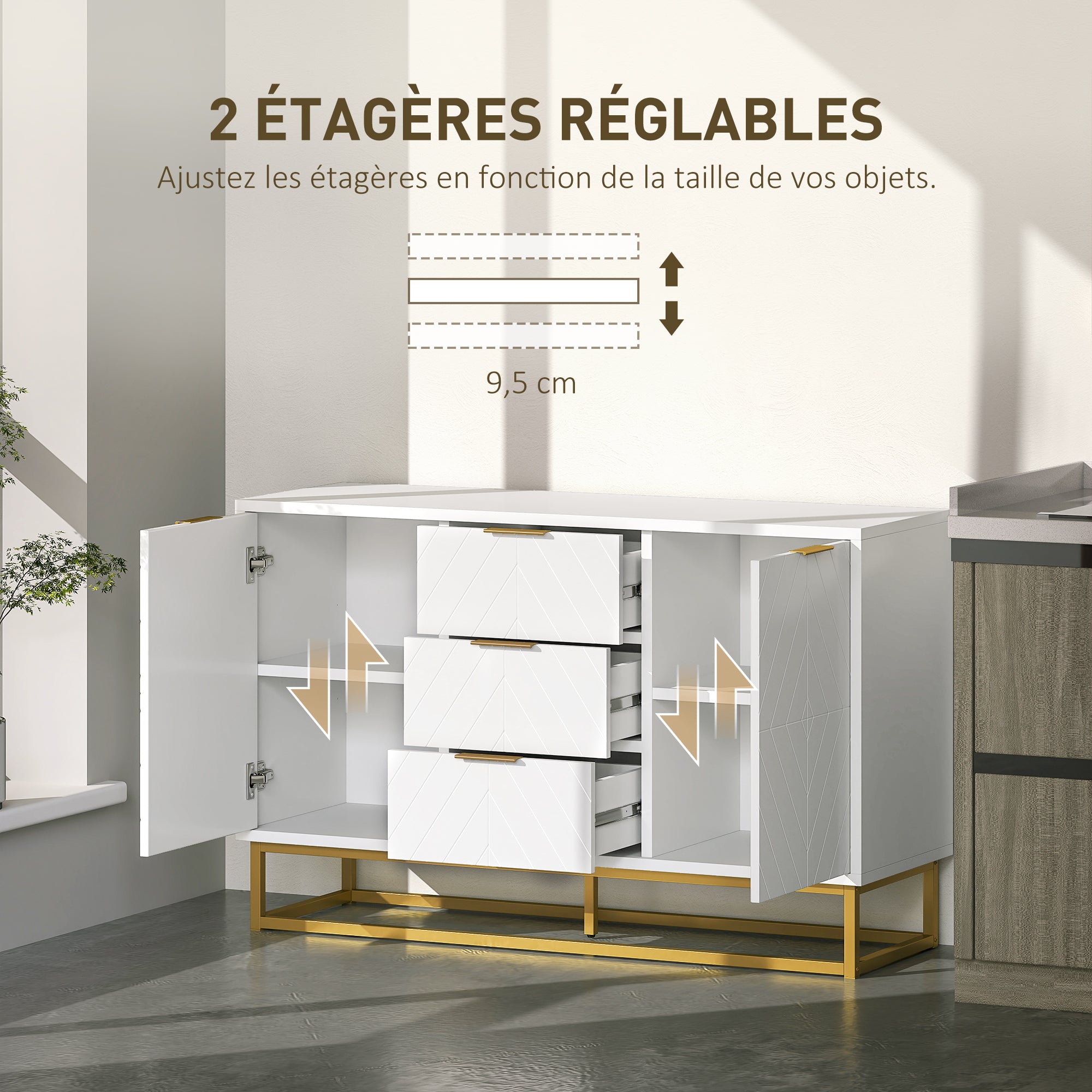 Buffet, meuble cuisine rangement, design contemporain graphique, 2 placards porte, étagères réglables, 3 tiroirs coulissants, bois blanc métal doré, 120 x 40 x 76 cm
