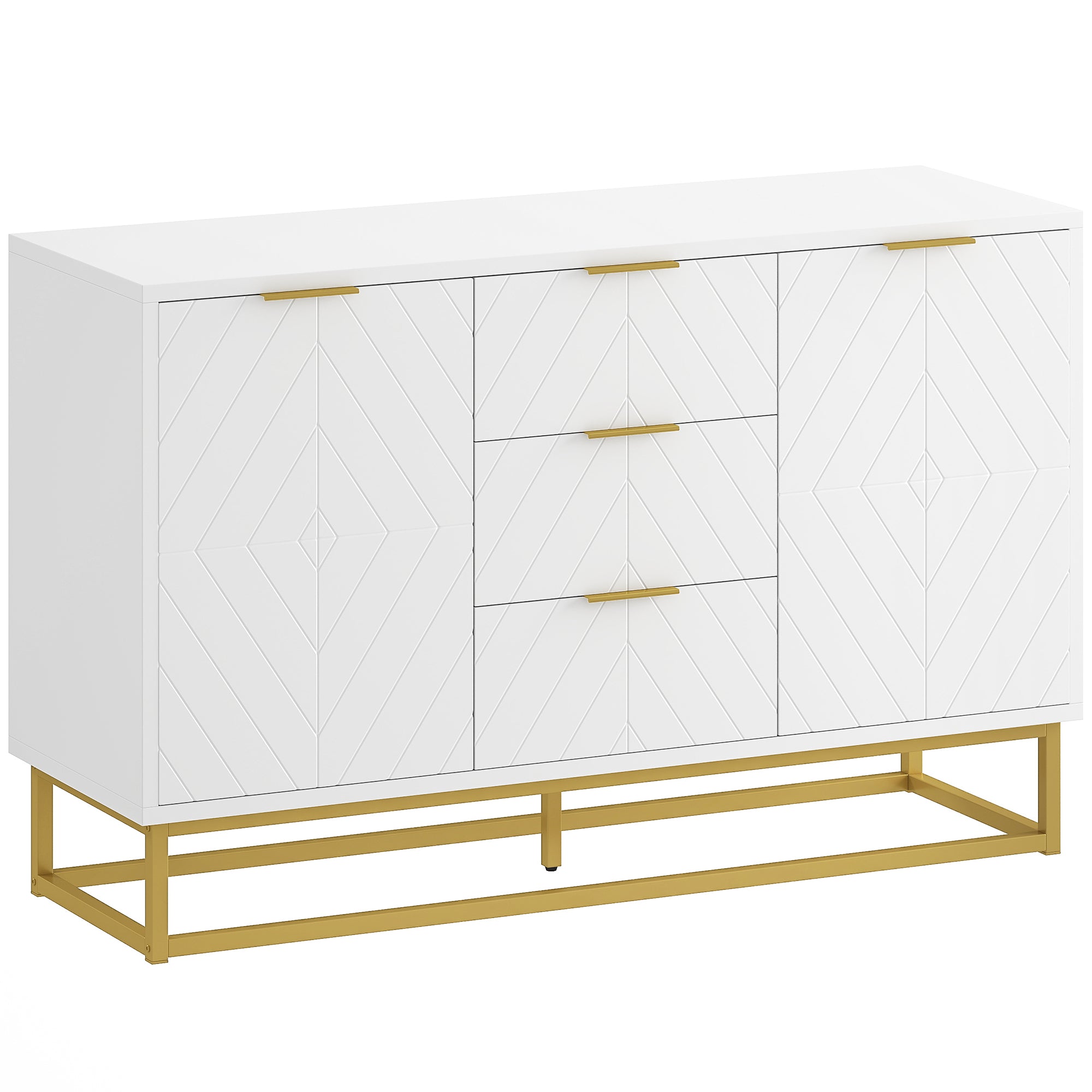 Buffet, meuble cuisine rangement, design contemporain graphique, 2 placards porte, étagères réglables, 3 tiroirs coulissants, bois blanc métal doré, 120 x 40 x 76 cm