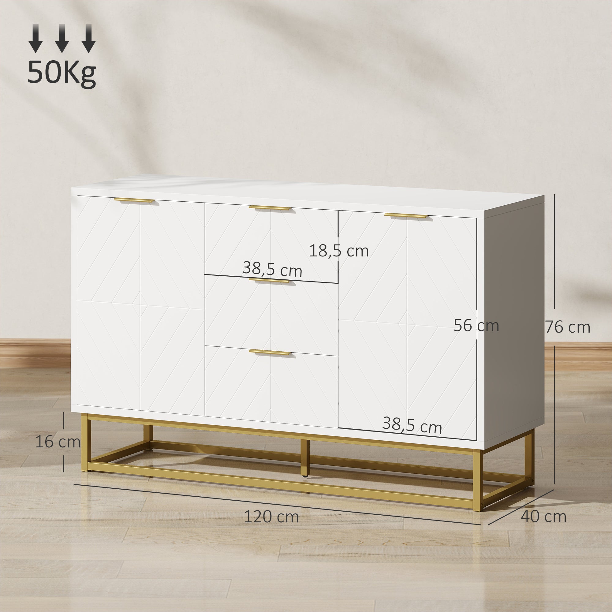 Buffet, meuble cuisine rangement, design contemporain graphique, 2 placards porte, étagères réglables, 3 tiroirs coulissants, bois blanc métal doré, 120 x 40 x 76 cm