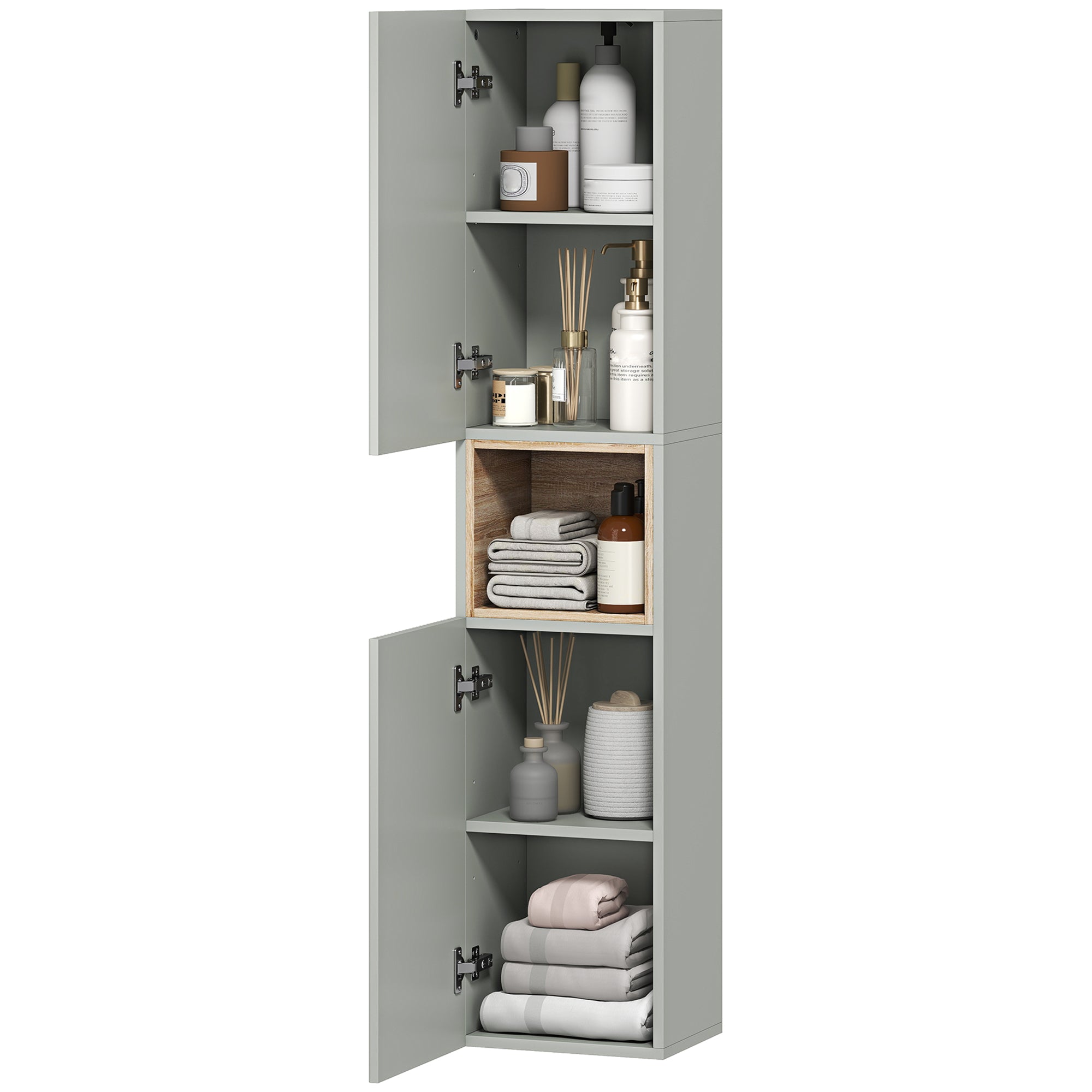 Meuble colonne salle de bain, meuble de rangement étroit avec 2 portes, compartiment ouvert et étagères réglables, pour toilette, petits espaces, 30 x 24 x 140 cm, vert