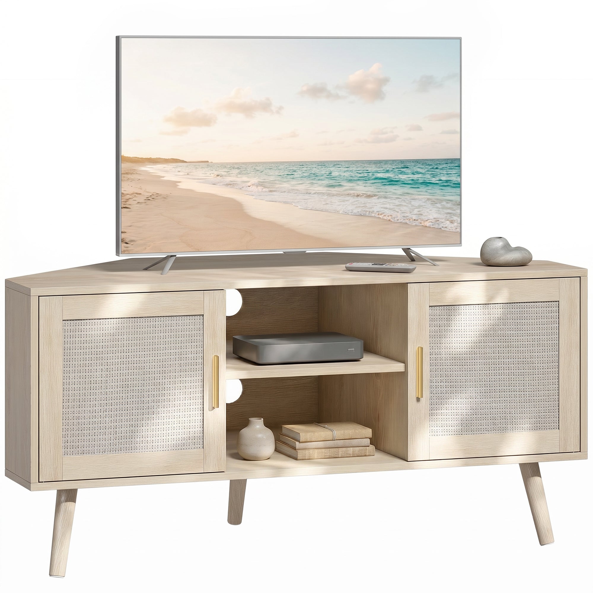 Meuble TV d'Angle 115 cm, Meuble Télé pour Téléviseur jusqu'à 65 Pouces avec 2 Portes en Rotin et 2 Compartiments Ouverts, Pieds en Bois de Pin, Style Bohème, Banc TV pour Salon, Chambre, Chêne