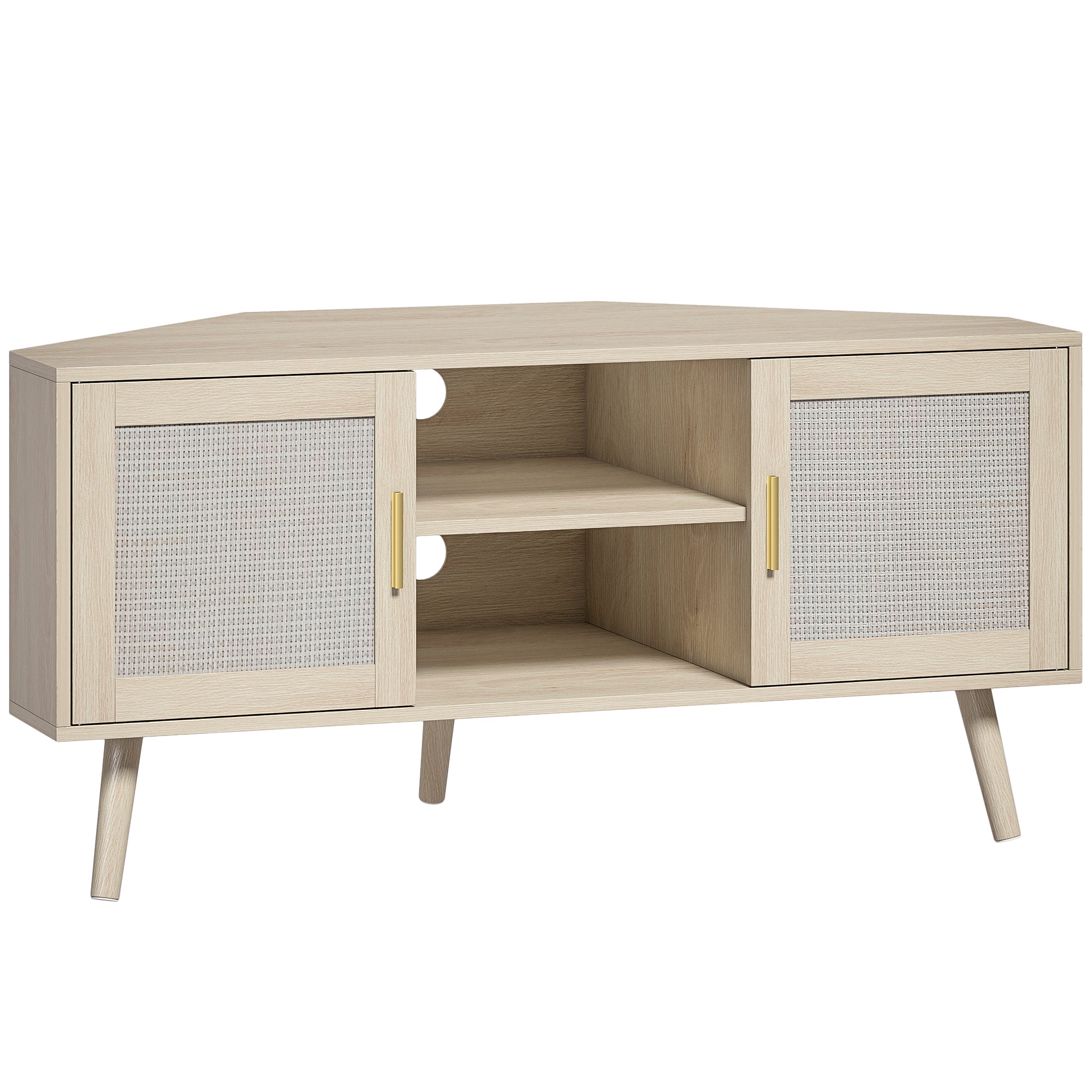 Meuble TV d'Angle 115 cm, Meuble Télé pour Téléviseur jusqu'à 65 Pouces avec 2 Portes en Rotin et 2 Compartiments Ouverts, Pieds en Bois de Pin, Style Bohème, Banc TV pour Salon, Chambre, Chêne