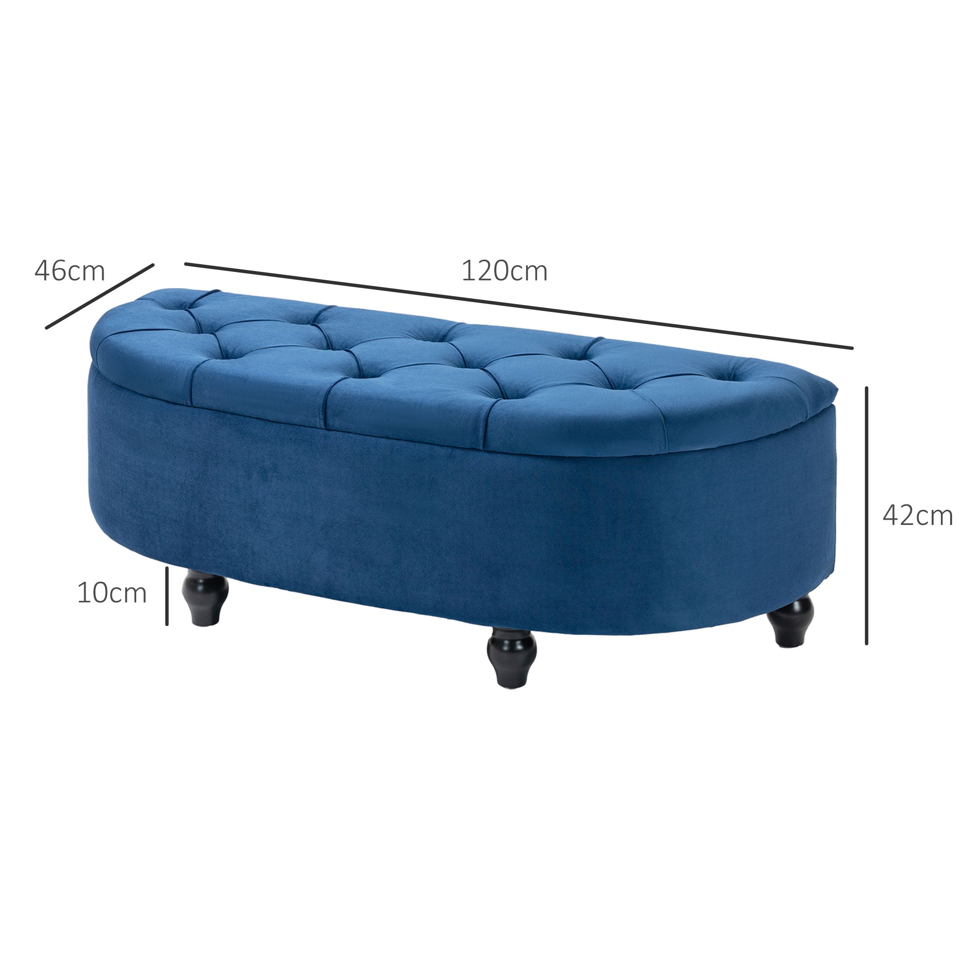 Banc de rangement, coffre de rangement design capitonné demi-cercle bout de lit avec revêtement velours, pieds en bois d'hévéa, pour salon, chambre, entrée, 120 x 46 x 42 cm, bleu