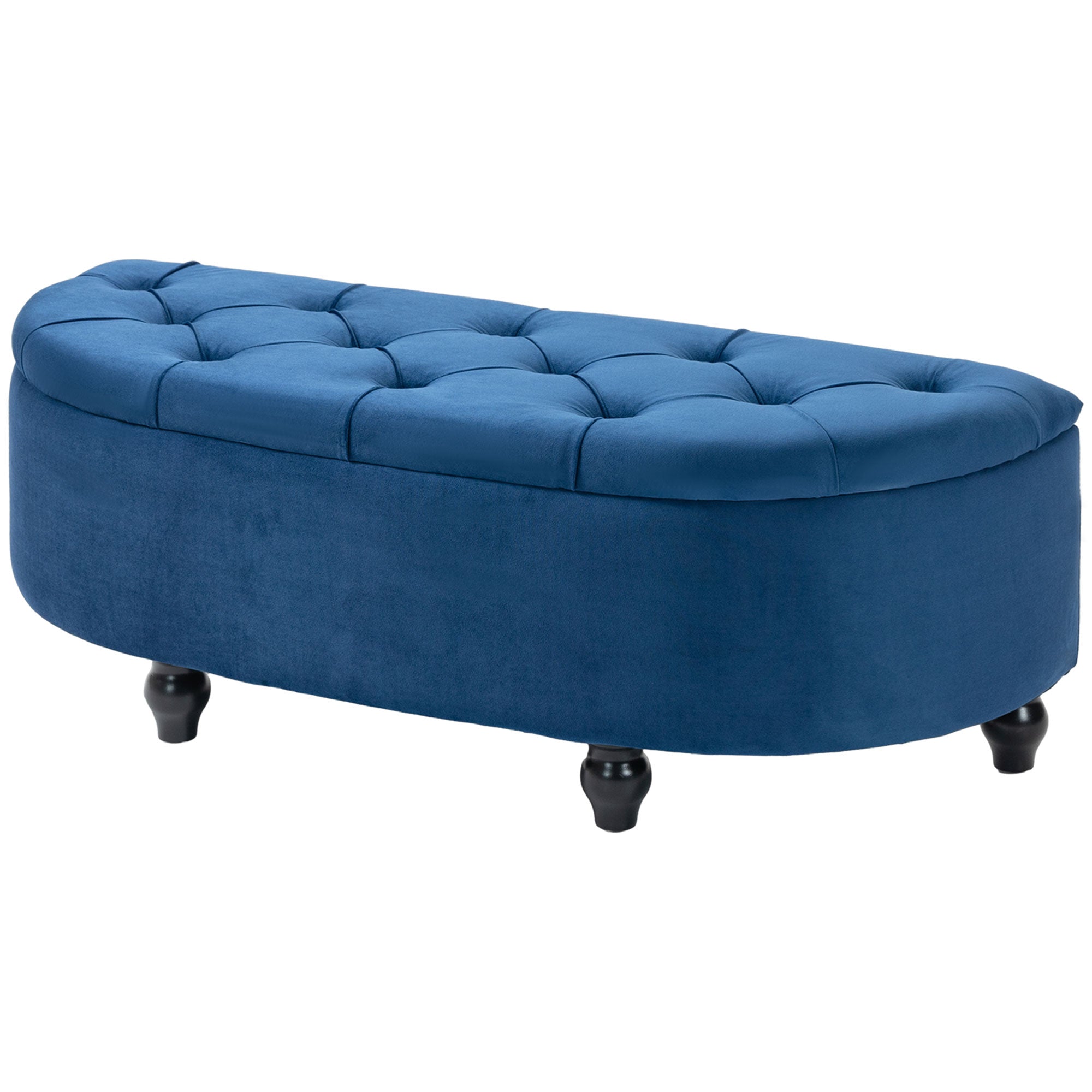 Banc de rangement, coffre de rangement design capitonné demi-cercle bout de lit avec revêtement velours, pieds en bois d'hévéa, pour salon, chambre, entrée, 120 x 46 x 42 cm, bleu