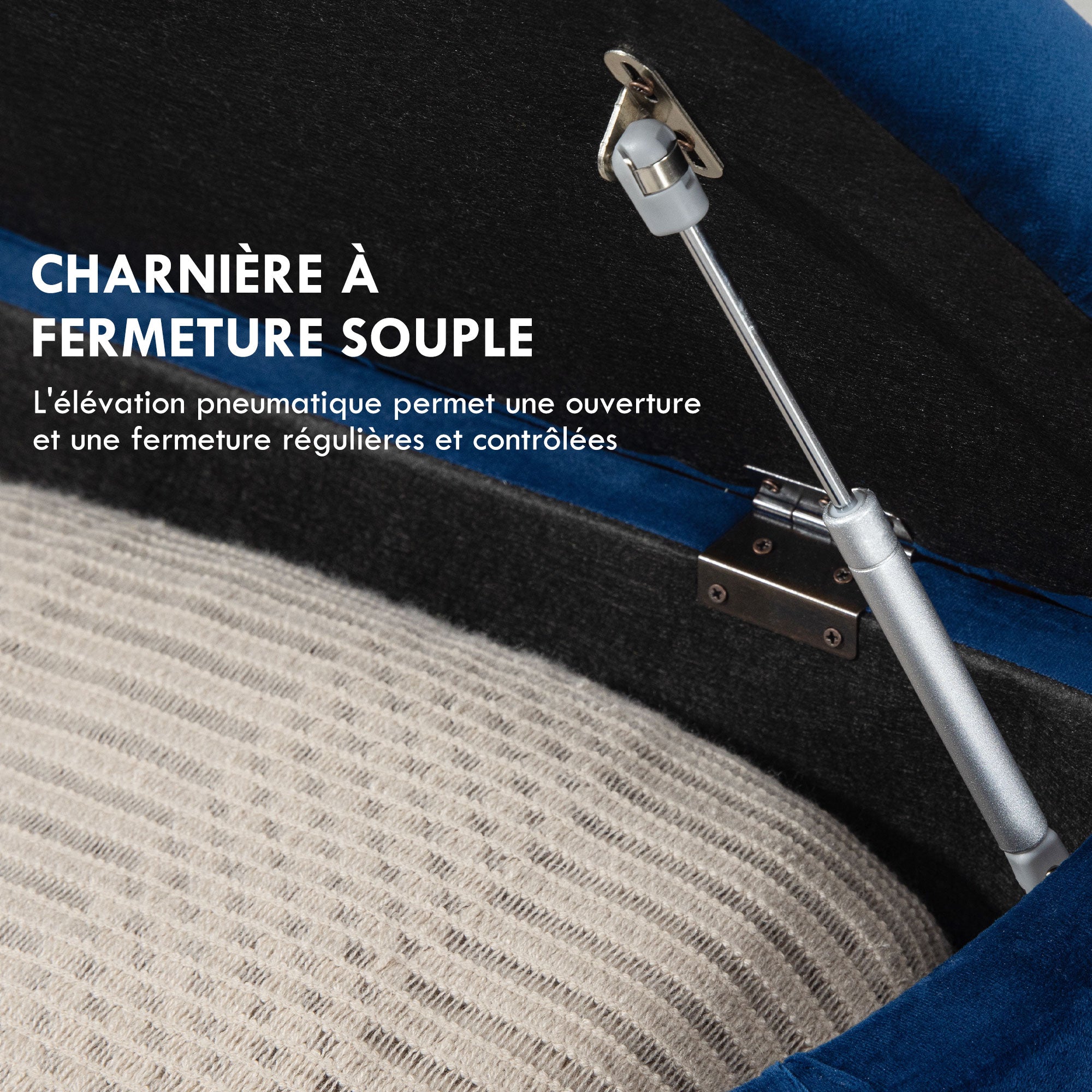 Banc de rangement, coffre de rangement design capitonné demi-cercle bout de lit avec revêtement velours, pieds en bois d'hévéa, pour salon, chambre, entrée, 120 x 46 x 42 cm, bleu