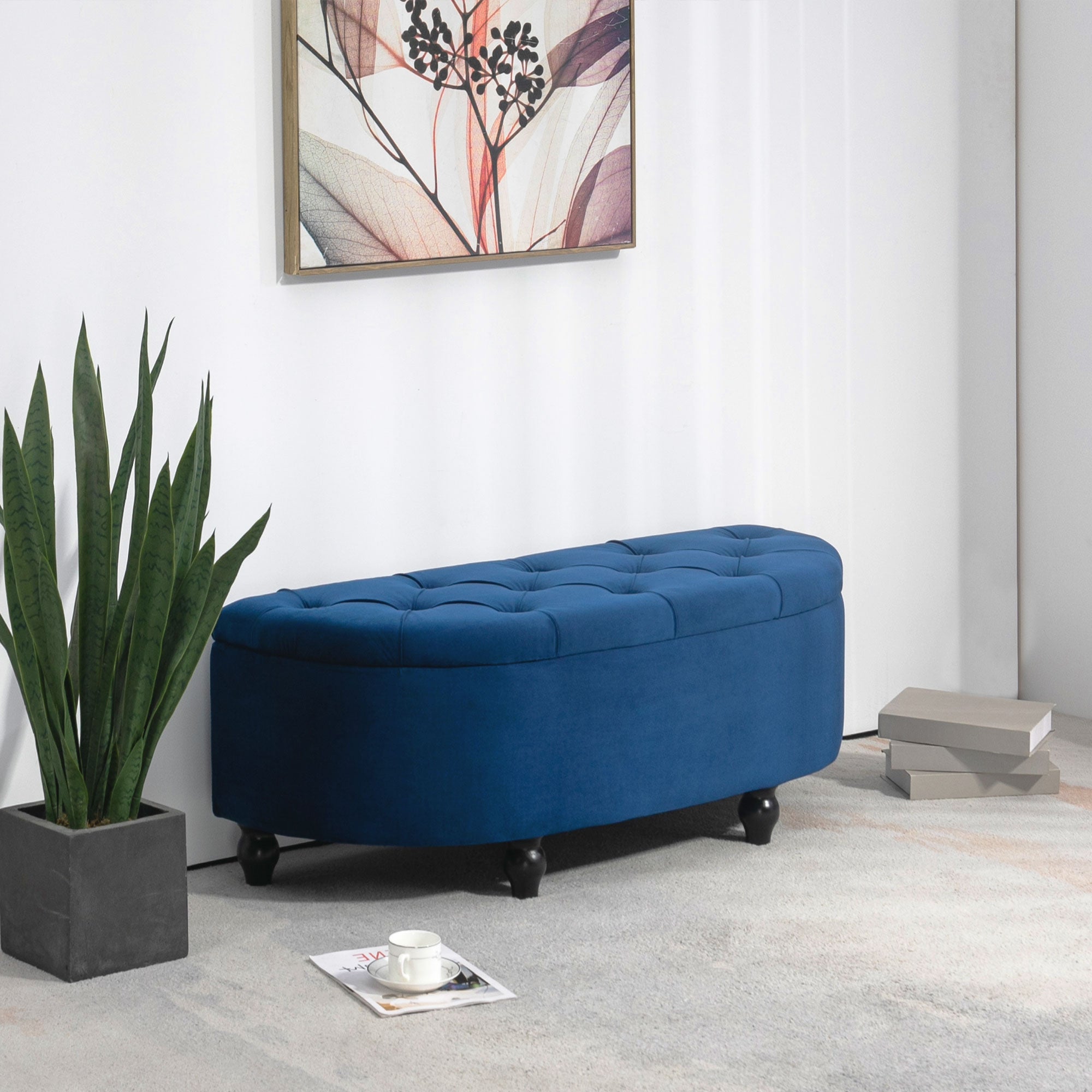 Banc de rangement, coffre de rangement design capitonné demi-cercle bout de lit avec revêtement velours, pieds en bois d'hévéa, pour salon, chambre, entrée, 120 x 46 x 42 cm, bleu