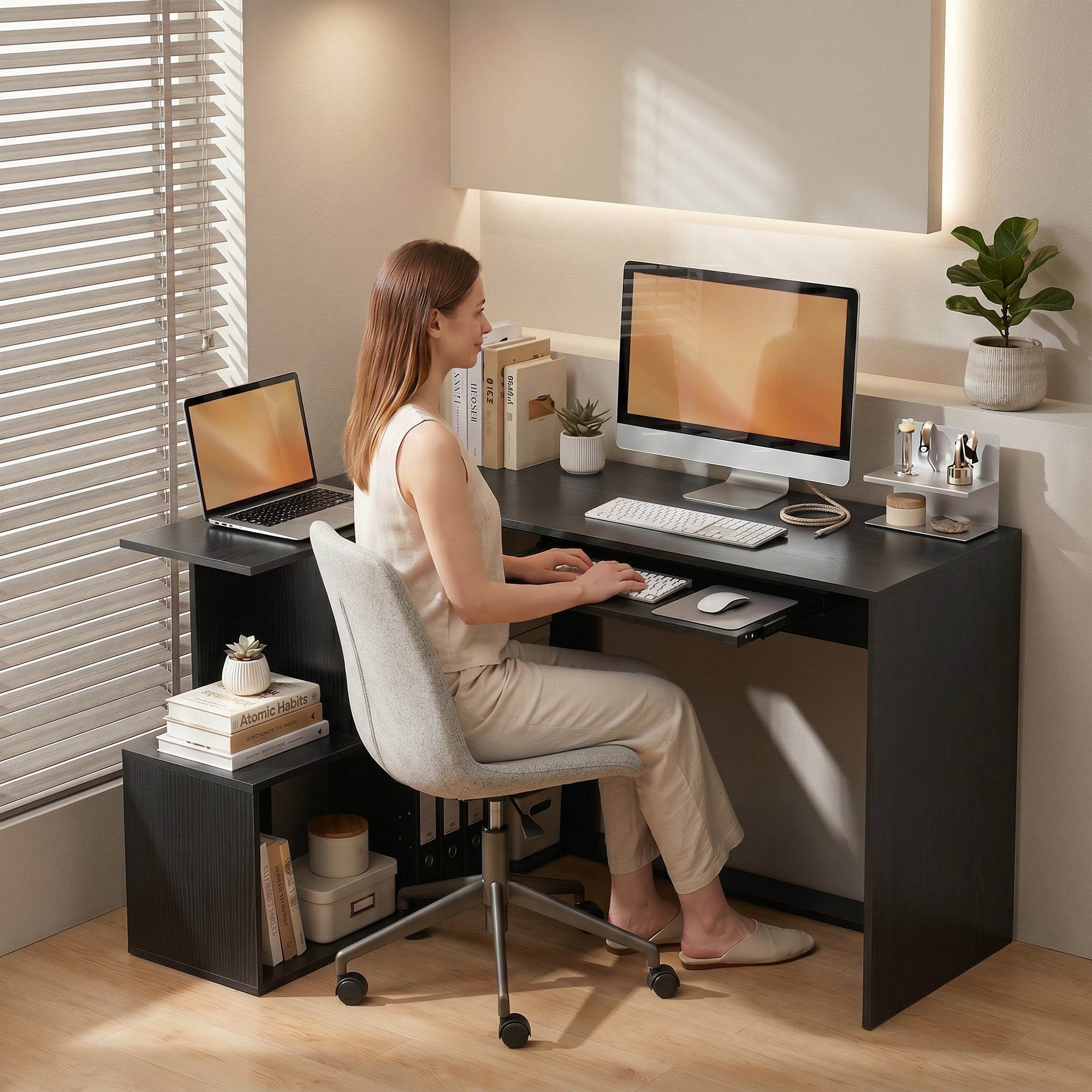 Bureau d'Angle, 120 x 100 x 76 cm, Bureau Informatique en L avec Plateau de Clavier, 4 Compartiments Ouverts, Style Moderne, Table de Travail pour Domicile, Chambre, Petit Espace, Noir