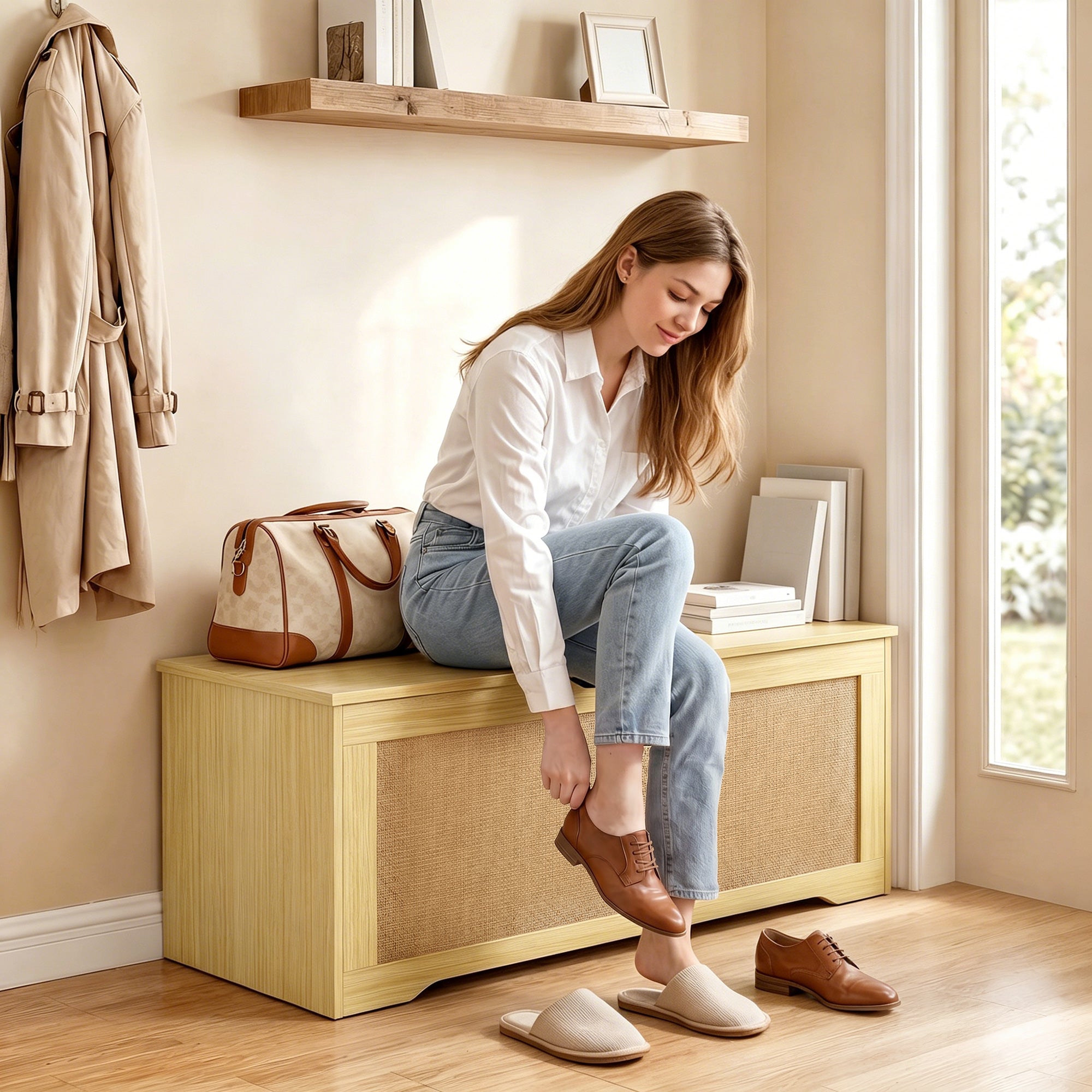 Coffre de Rangement en Rotin 136L, Banc Coffre avec Couvercle Relevable et 2 Charnières de Sécurité, Design Sans Poignée, Banc de Rangement pour Salon ou Entrée, 100 x 40 x 45 cm, Chêne