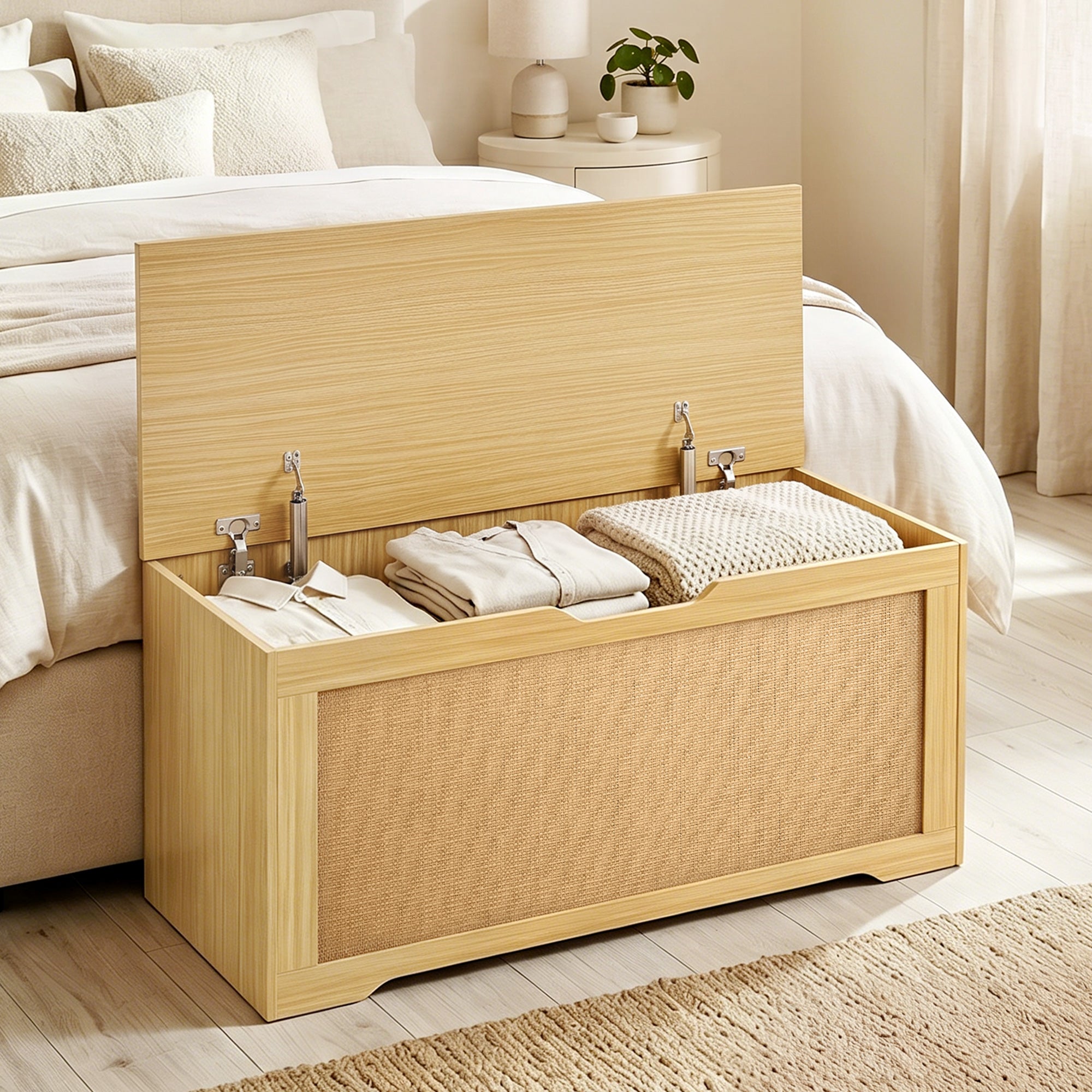 Coffre de Rangement en Rotin 136L, Banc Coffre avec Couvercle Relevable et 2 Charnières de Sécurité, Design Sans Poignée, Banc de Rangement pour Salon ou Entrée, 100 x 40 x 45 cm, Chêne