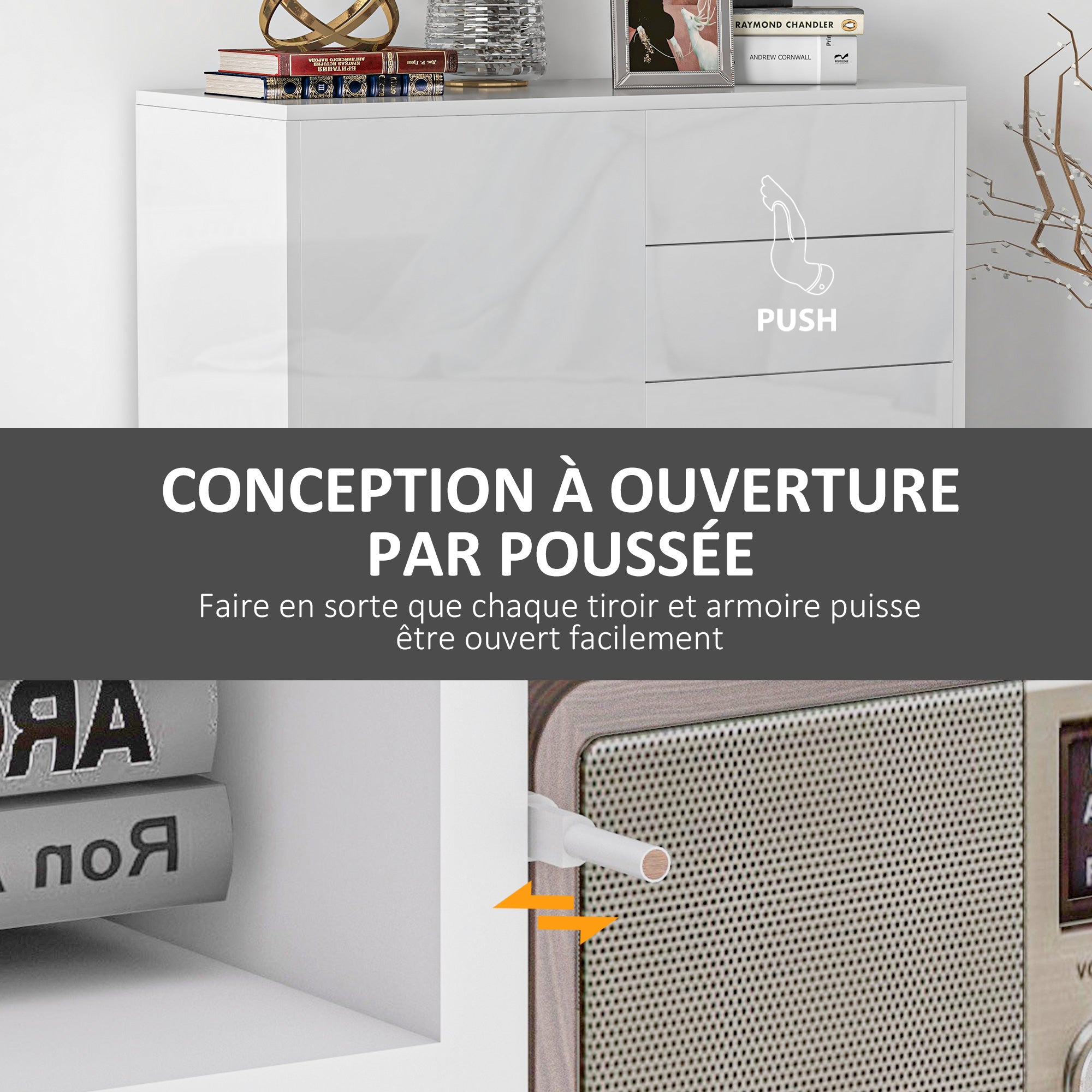 Meuble de rangement buffet commode armoire de rangement avec 2 tiroirs et 2 placards à portes, étagères réglables, pour salon, cuisine, chambre, 79 x 36 x 74 cm blanc brillant