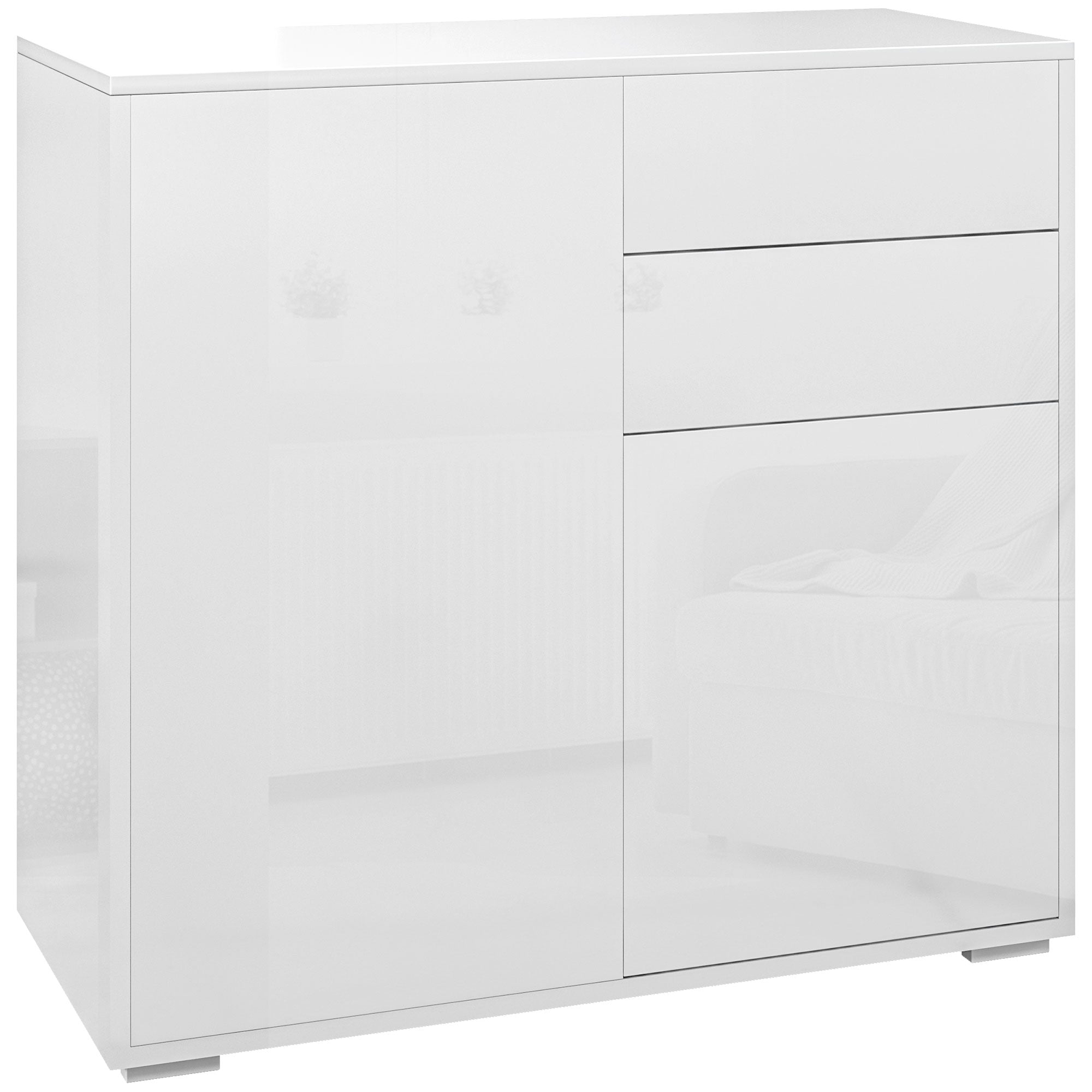 Meuble de rangement buffet commode armoire de rangement avec 2 tiroirs et 2 placards à portes, étagères réglables, pour salon, cuisine, chambre, 79 x 36 x 74 cm blanc brillant