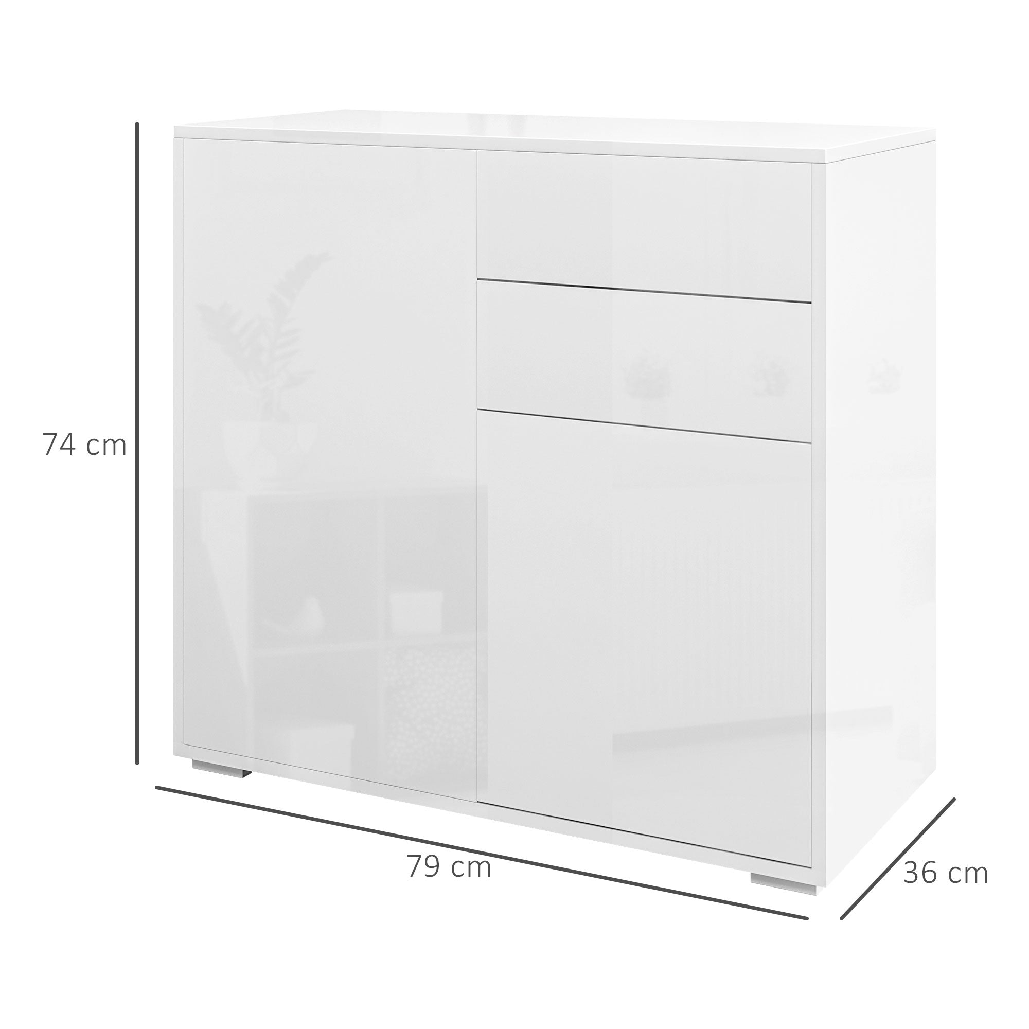 Meuble de rangement buffet commode armoire de rangement avec 2 tiroirs et 2 placards à portes, étagères réglables, pour salon, cuisine, chambre, 79 x 36 x 74 cm blanc brillant