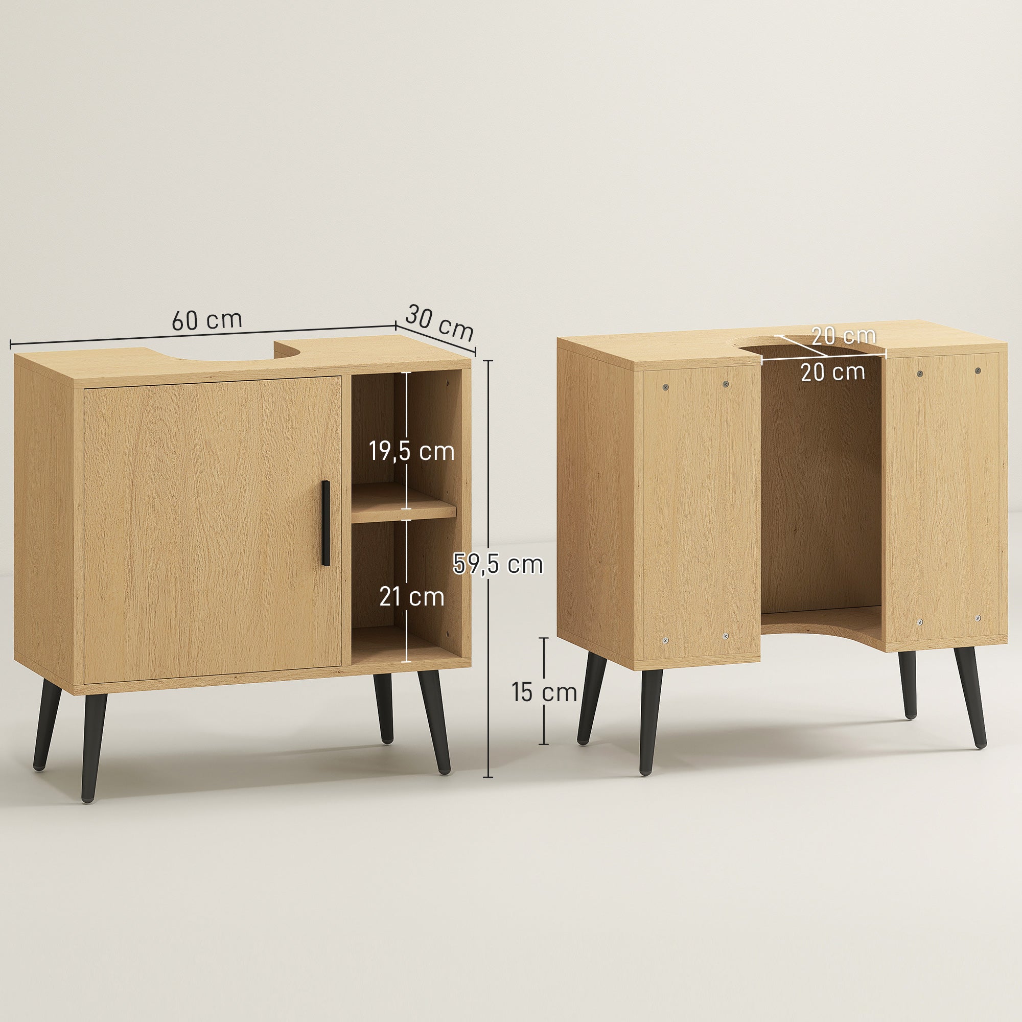 Meuble sous lavabo salle de bain, meuble sous vasque industriel avec porte à fermeture progressive et étagère réglable, 60 x 30 x 59,5 cm, chêne