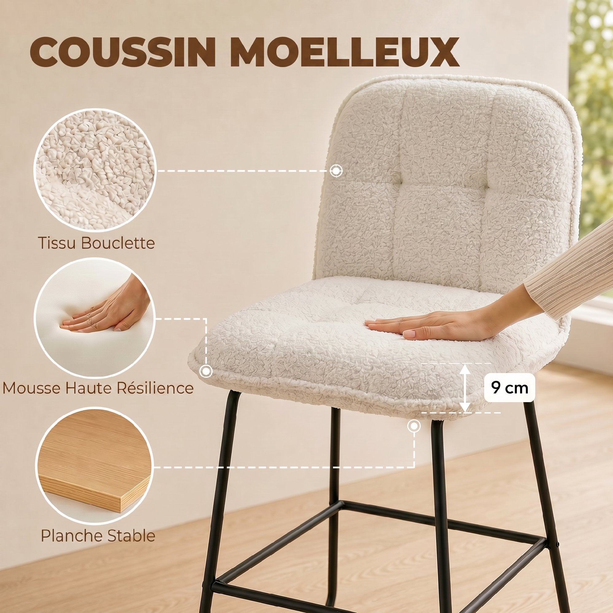 Lot de 2 Tabourets de Bar, Chaises de Bar Rembourrées en Tissu Bouclette, Extra-Large Assise 66H cm, Dossier, Repose-Pieds, Cadre en Métal, Chaises Hautes Cuisine Salle à Manger Comptoir, Crème