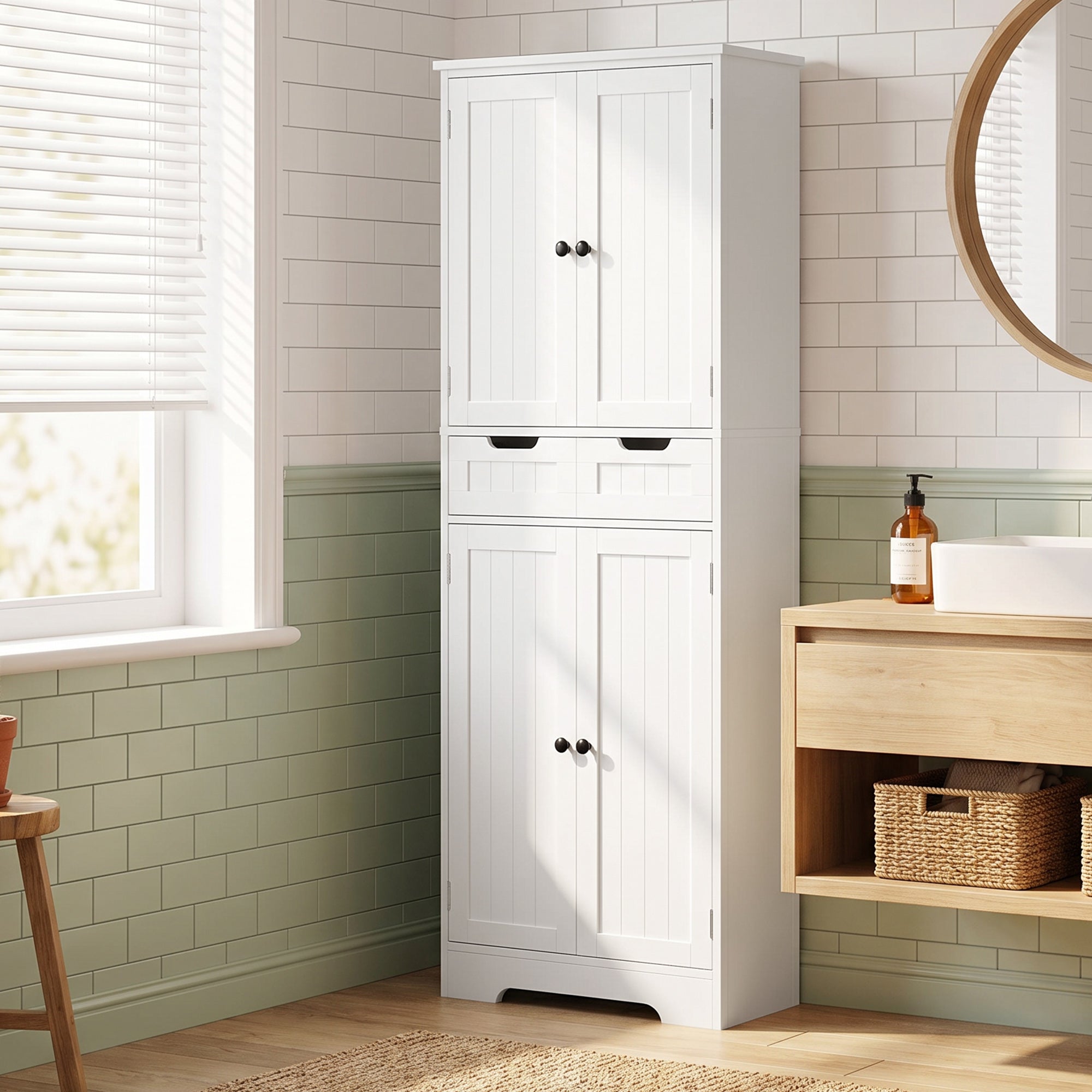 Meuble de salle de bain, meuble de rangement, colonne salle de bain avec tiroir et 4 portes, style moderne, pour salon, chambre, cuisine, 60 x 30 x 160 cm, blanc