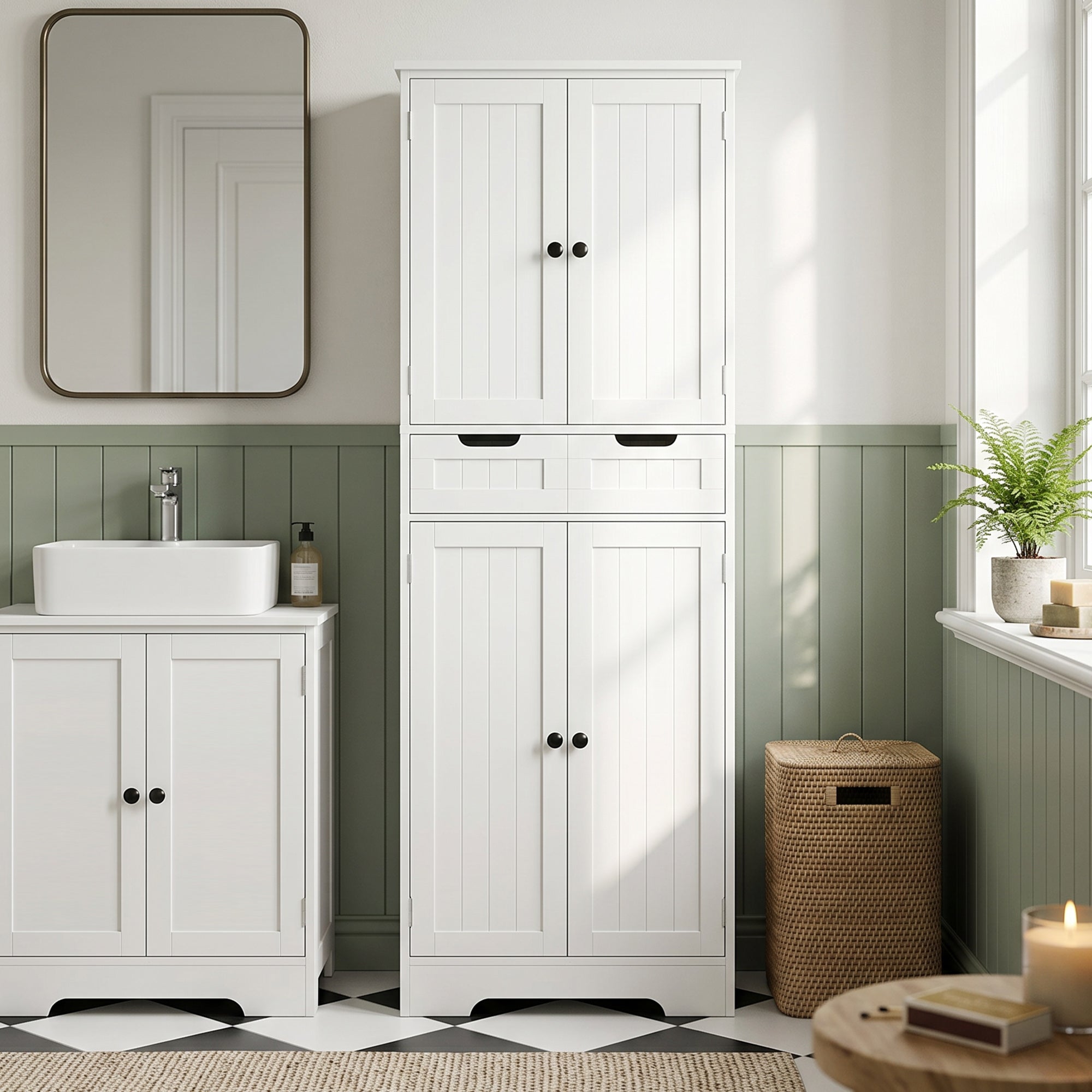 Meuble de salle de bain, meuble de rangement, colonne salle de bain avec tiroir et 4 portes, style moderne, pour salon, chambre, cuisine, 60 x 30 x 160 cm, blanc